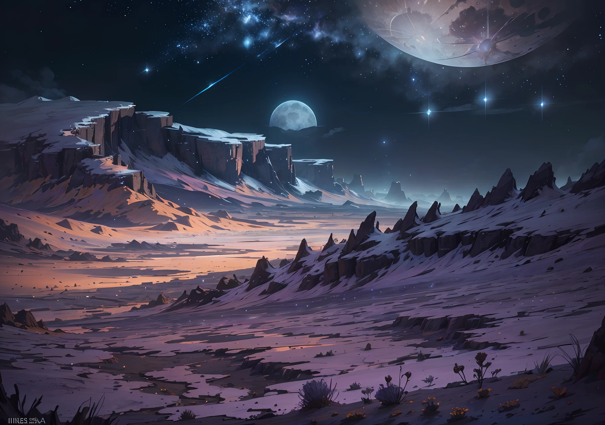 Expansive landscape photography, (view from below with a view of the sky and desert below), girl standing in a field of flowers looking up, (full moon: 1.2), (shooting star: 0.9), (nebula: 1.3), distant mountain, tree-breaking production art, (hot light source: 1.2), (firefly: 1.2), lamp, purple and orange, intricate detail,  BREAK lighting volume (masterpiece: 1.2), (highest quality), 4k, ultra-detailed, (dynamic setting: 1.4), highly detailed and colorful details (iridescent: 1.2), (flickering lighting, atmospheric lighting), dreamy, magical, (solo: 1.2) (widescreen 16x9) --auto --s2