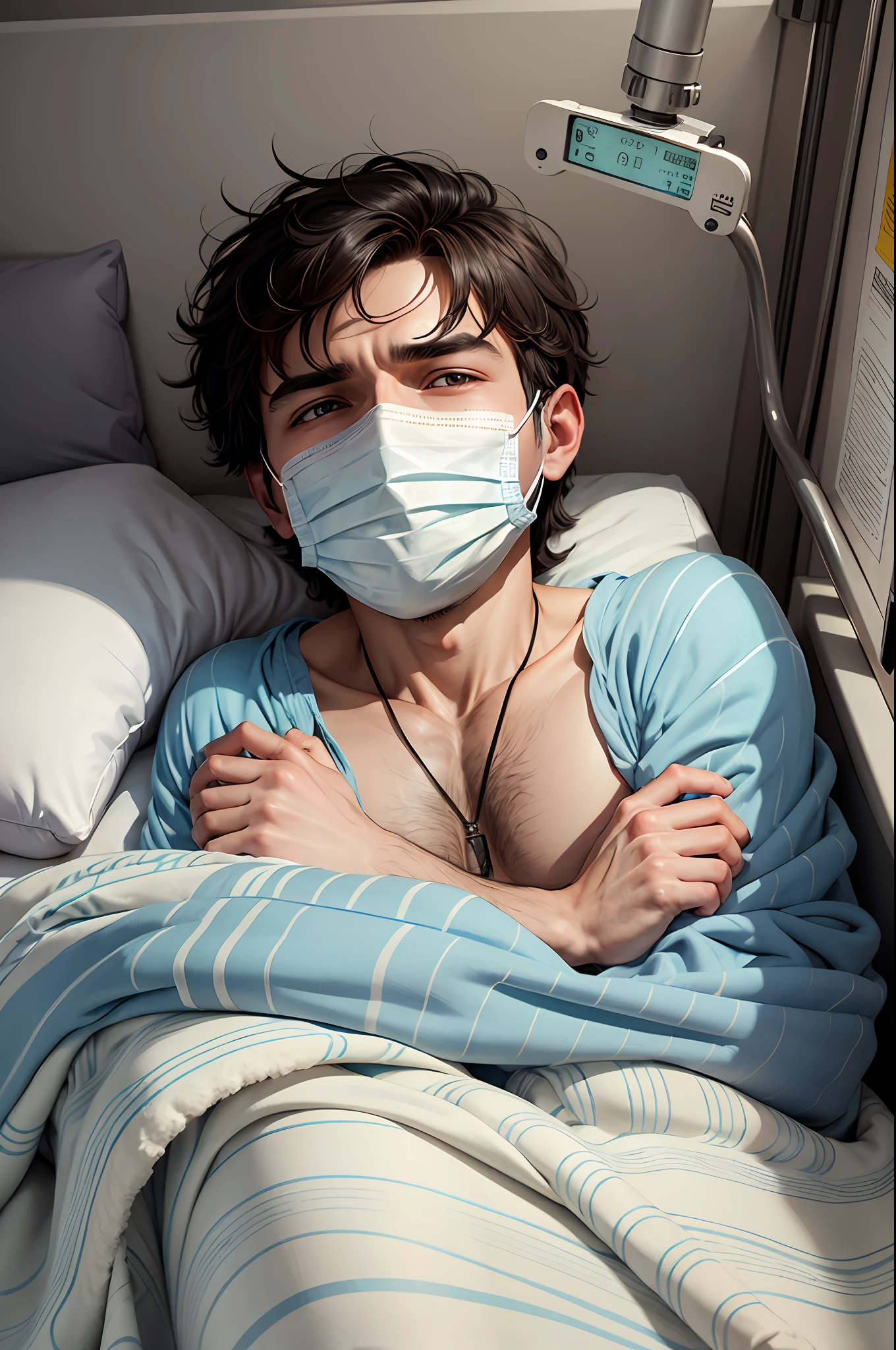 A very sick man with a protective mask in a hospital bed covered by warm blankets --auto --s2