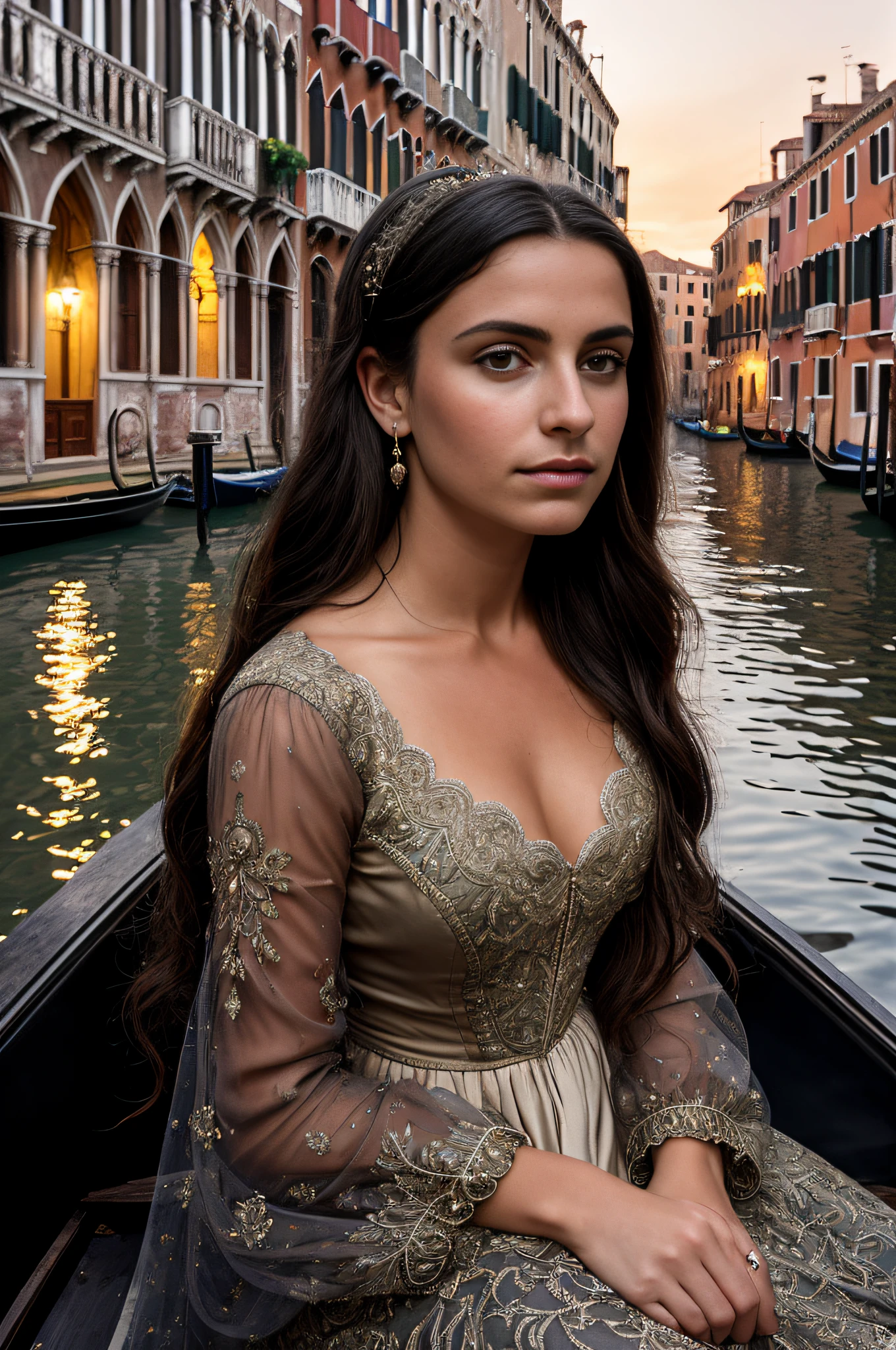 ((hyperrealistic, photorealistic, 8k, intricate details)) A beautiful young Venetian Gothic, with dark hair and a long black dress, is sitting on a funereal wooden boat, alone, floating on the canal of the old Gothic city of Venice at dusk. The sky is red and orange and the lights of the old houses reflect in the dark water. She stares staring at the horizon with a melancholy gaze, in a menacular, beautiful and delicate engraving. She seems to be lost in thought as the boat floats smoothly through the calm waters of the canal, masterpiece, best quality, ultra-detailed, solo, outdoor (warm hue, warm tone): 1.2), close-up, cinematic light, soft side lighting, ultra high resolution, best shadow, RAW, upper body.