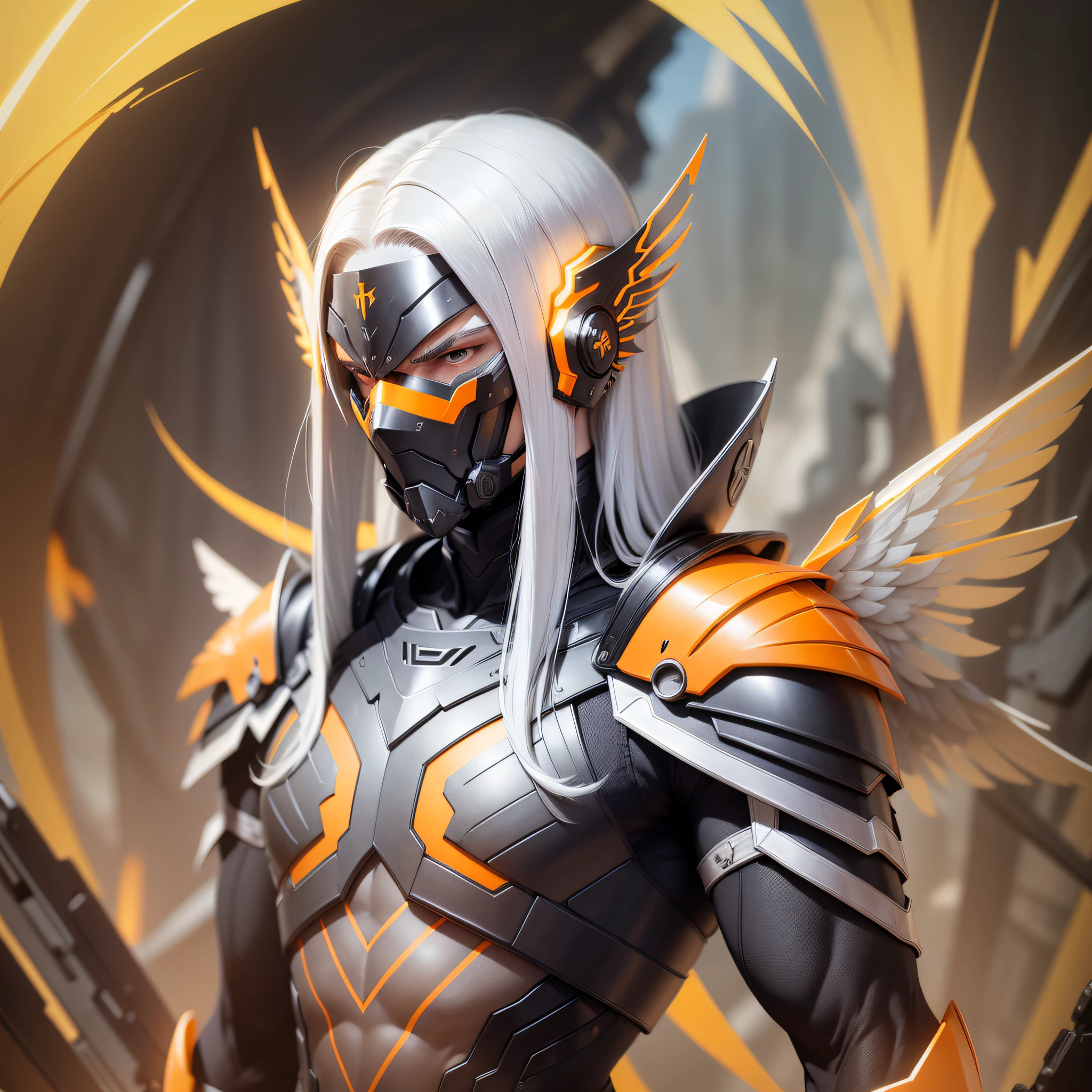 Man, Black, Muscular, platinum hair, straight hair, zanģão armor, mask covering the mouth, small drone wings on the back, in the background a landscape in yellow and orange