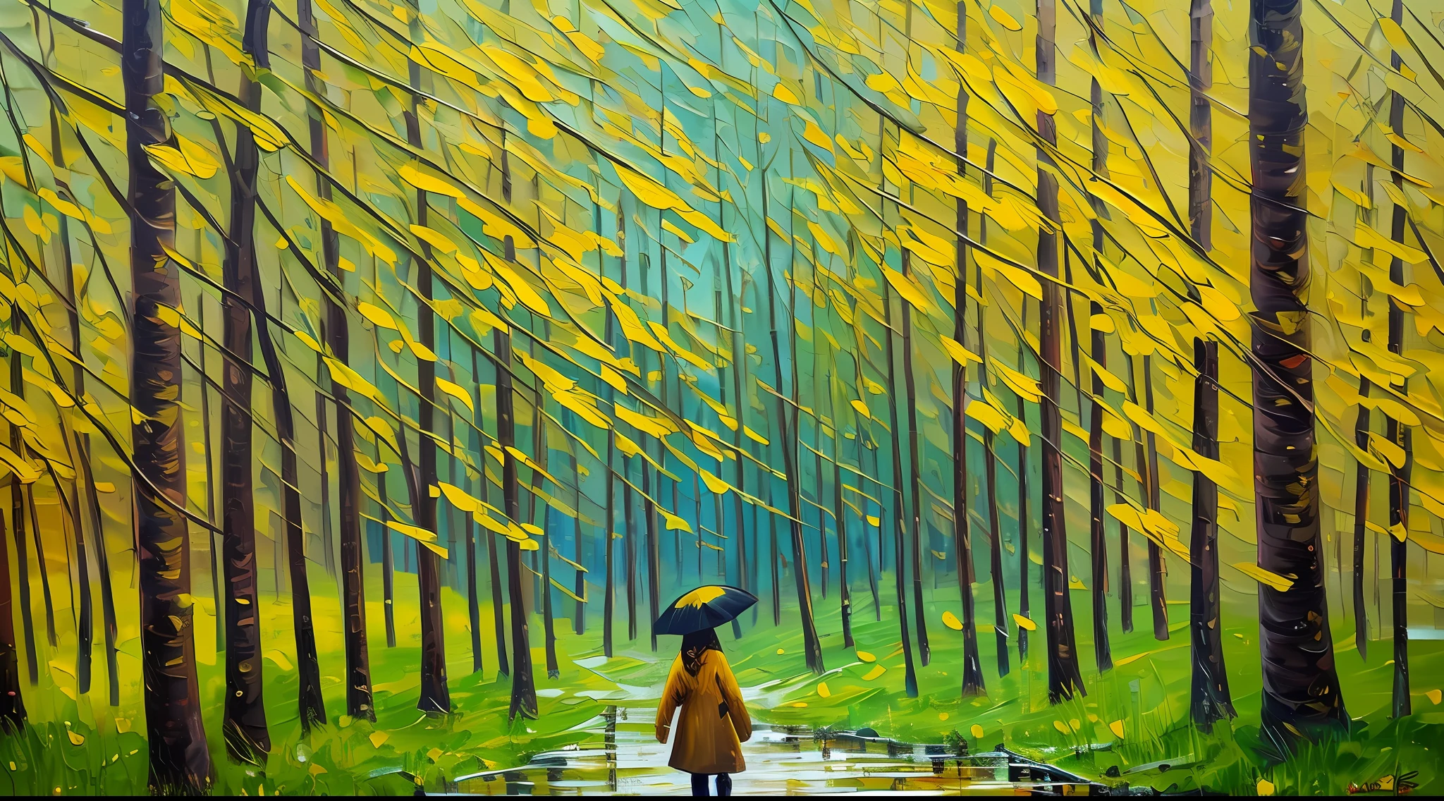 Wet trunks In the yellowness of the foliage, slush, wet grass and girl. Oil painting --auto --s2