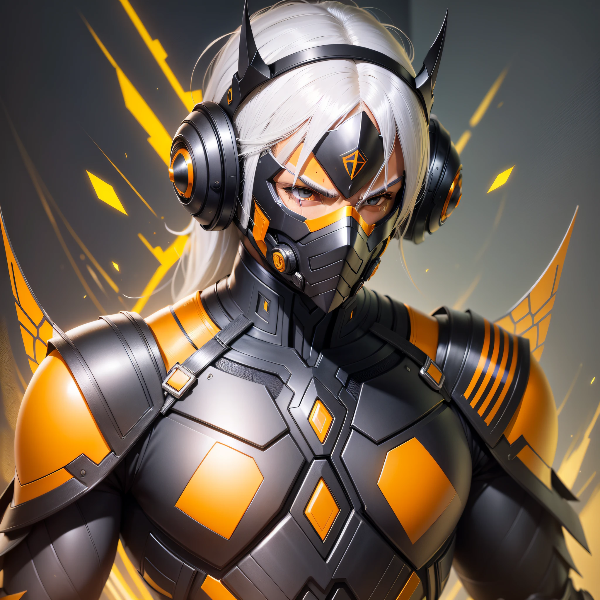 Man, black, muscular, strong, platinum hair, straight hair, wasp armor, mask covering the mouth, small wasp wings on the back, in the background a landscape in yellow and orange