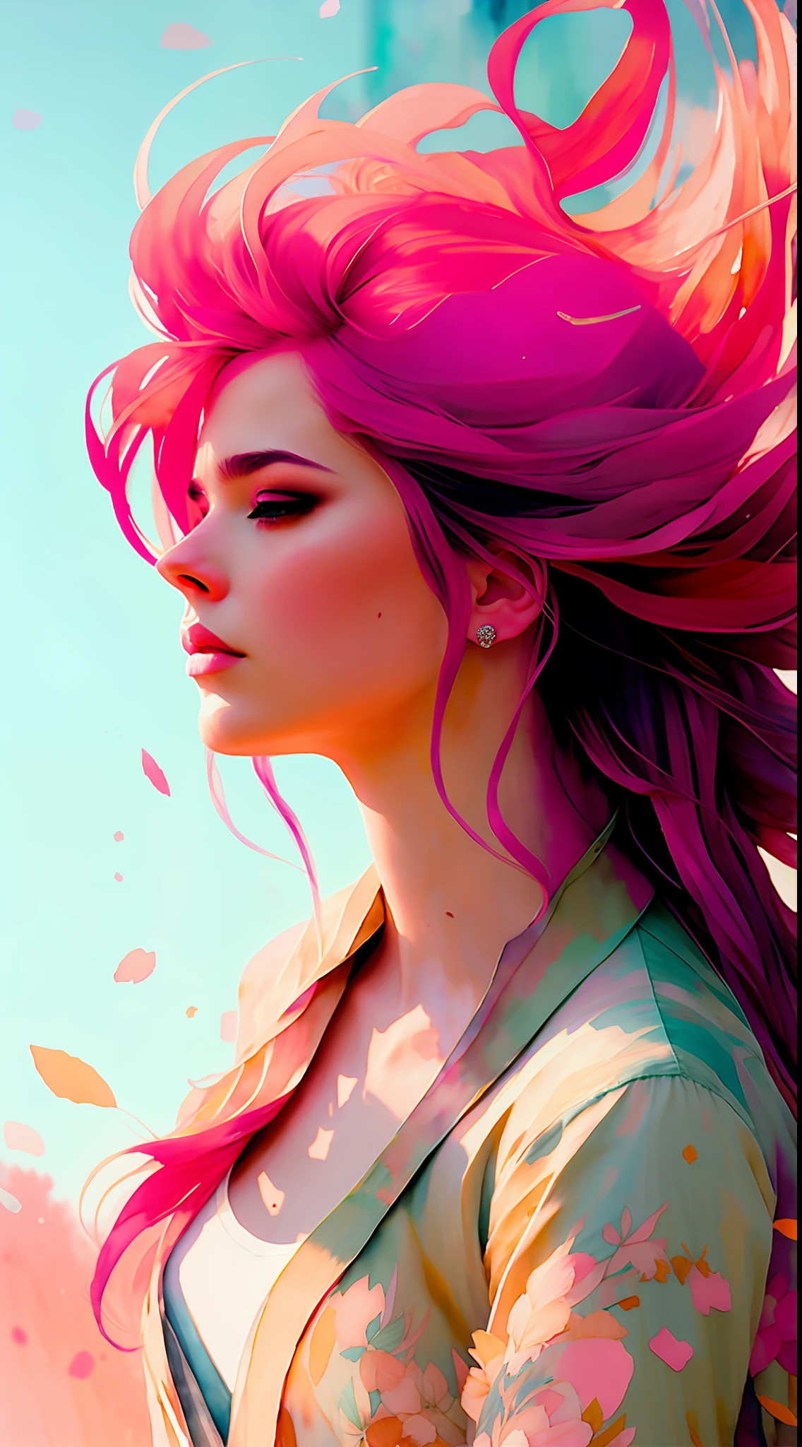 wtrcolor style, (pink) digital art, official art, blown by the wind, masterpiece, beautiful,highest quality, high resolution image,8k, most beautiful woman, redhead, abundant hair,hair disheveled by the wind, rose petals in the air,((watercolor)), paint splash, intricate detail. Great detail, [drip: 0.7], Trends in Artstation, Rachel Walker