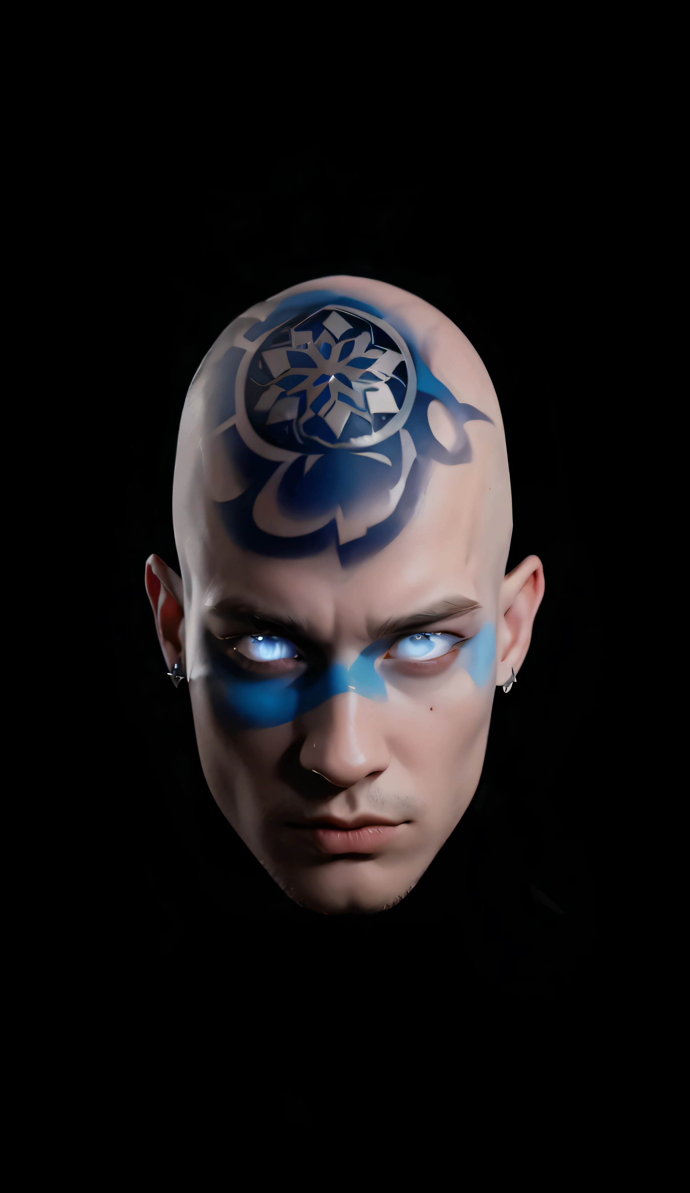extremely detailed 8k wallpaper), intricate, richly detailed, A skinhead man, 21, with an iced skin, a luminous snow tattoo on his head. --auto --s2