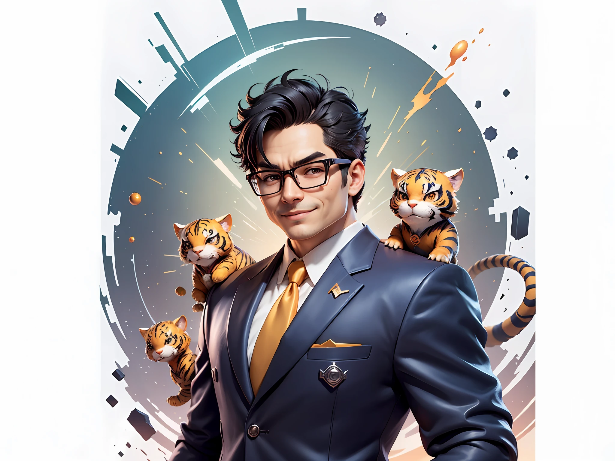 (Masterpiece), (Extreme Quality), (Super Meticulous), (Full Body: 1.2), Super Young Man, Chinese Dragon, Tiger, Wind God Thor, Sexy, Bursting, Oriental Face, TV Anchor, Bust Portrait Illustration, Black Formal Suit, Blue Tie, Slightly Chubby Face, Silver Glasses, Very Clean Face, No Beard on Chin, Black Super Short Hair, Black Eyes, Confident Smile, 3c Computer Sub-Products, iPad, iPhone, Digital Painting, 3D Character Design by Mark Claireden and Pixar and Hayao Miyazaki and Akira Toriyama, The illustration is a high-definition illustration in 4K resolution with very detailed facial features and cartoon-style visuals.