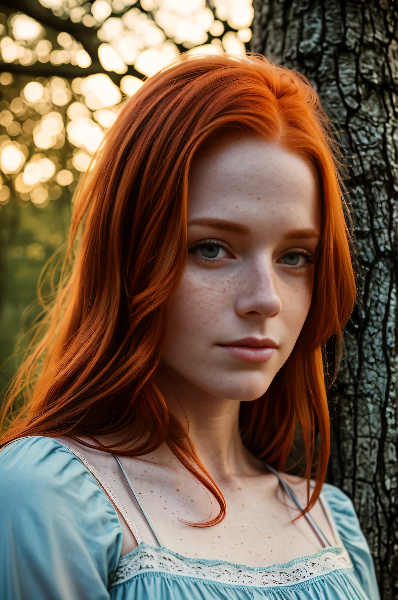 A portrait of a 30-year-old redhead, a few freckles, in a nightie leaning against a tree in the middle of nature, goosebumps, cinematic, faded colors, dark shot, muted colors, grainy film, lut, crazy details, intricate details, hyperdetailed, close-up, sunset, seductive pose, romantic look