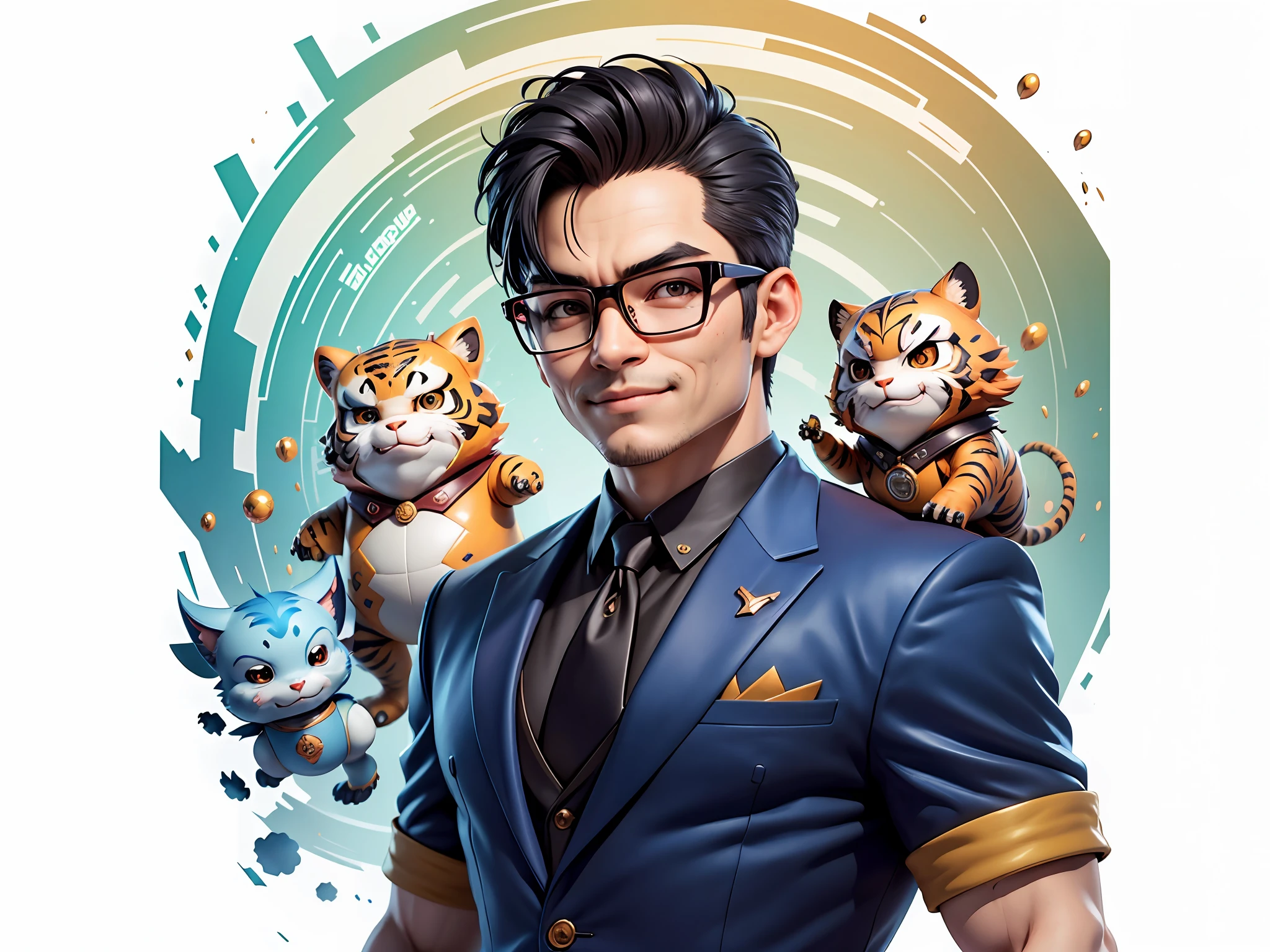 (Masterpiece), (Extreme Quality), (Super Meticulous), (Full Body: 1.2), Super Young Man, Chinese Dragon, Tiger, Wind God Thor, Sexy, Bursting, Oriental Face, TV Anchor, Bust Portrait Illustration, Black Formal Suit, Blue Tie, Slightly Chubby Face, Silver Glasses, Very Clean Face, No Beard on Chin, Black Super Short Hair, Black Eyes, Confident Smile, 3c Computer Sub-Products, iPad, iPhone, Digital Painting, 3D Character Design by Mark Claireden and Pixar and Hayao Miyazaki and Akira Toriyama, The illustration is a high-definition illustration in 4K resolution with very detailed facial features and cartoon-style visuals.