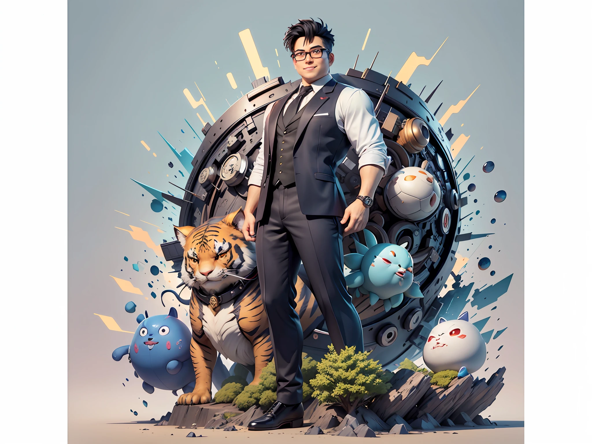 (Masterpiece), (Extreme Quality), (Super Meticulous), (Full Body: 1.2), Super Young Man, Chinese Dragon, Tiger, Wind God Thor, Sexy, Bursting, Oriental Face, TV Anchor, Bust Portrait Illustration, Black Formal Suit, Blue Tie, Slightly Chubby Face, Silver Glasses, Very Clean Face, No Beard on Chin, Black Super Short Hair, Black Eyes, Confident Smile, 3c Computer Sub-Products, iPad, iPhone, Digital Painting, 3D Character Design by Mark Claireden and Pixar and Hayao Miyazaki and Akira Toriyama, The illustration is a high-definition illustration in 4K resolution with very detailed facial features and cartoon-style visuals.