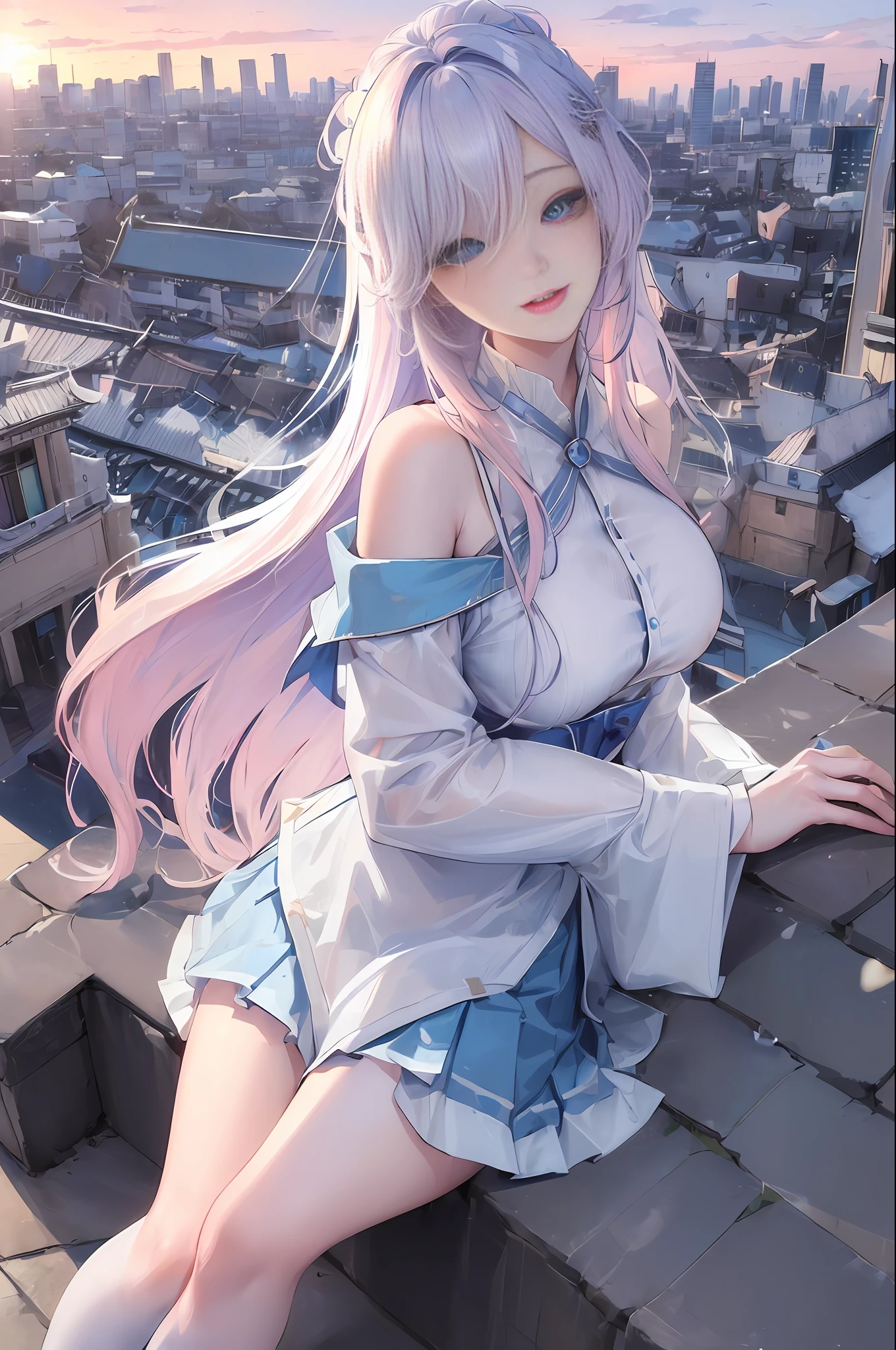 official art, masterpiece, sharp focus, (beautiful gorgeous cute Korean woman:1.3), (beautiful cute korean:1.3), korean beauty, Delicate and beautiful hair and eyes and face, realistic, ultra detailed, beautiful girl, blue sky, glow white particle, (sidelighting:1.2), sun light, white cloud, detailed clouds, slender, Lovely very large breasts and very large hips, smile with teeth, ((smile with eyes, open both eyes)), scenery, long straight hair, sexy facial expression, building, (cityscape:1.7), dynamic hair, long straight hair, detailed platinum pink hair, glow blue eyes, (blue pleated shirts + white skirt), white long socks, pale skin, hair ornament, epic scenery,