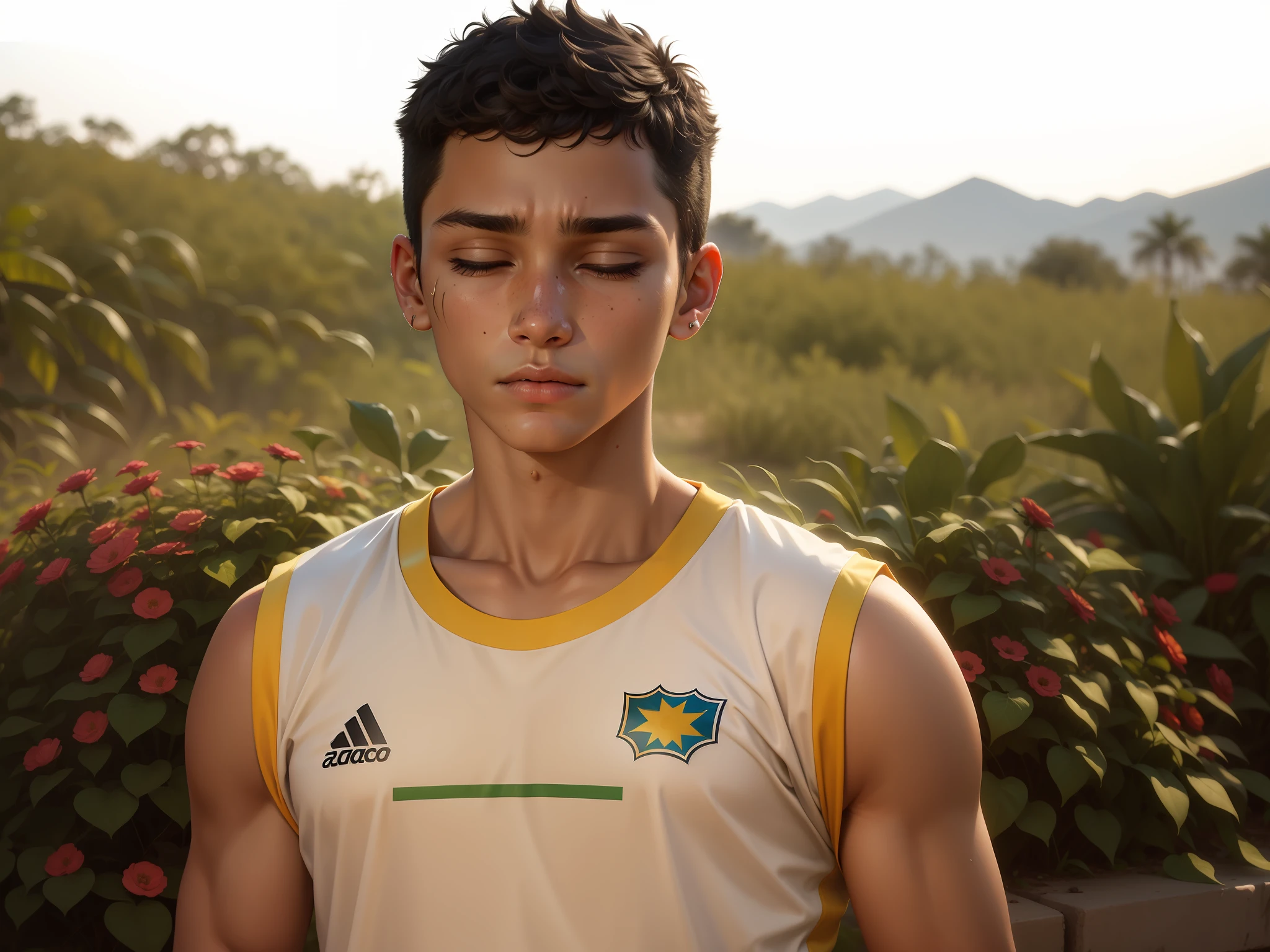 Image 8k, 12 years old, professional photography. Thin, same face, but young, has no muscle, black eye, face with pimples, Brazilian. Put a flag of the football team of Rio de Janeiro behind, face that is sleepy, looking down, eyes almost closed, eyes more closed, mis weak, with less muscle, remove the sign from the neck