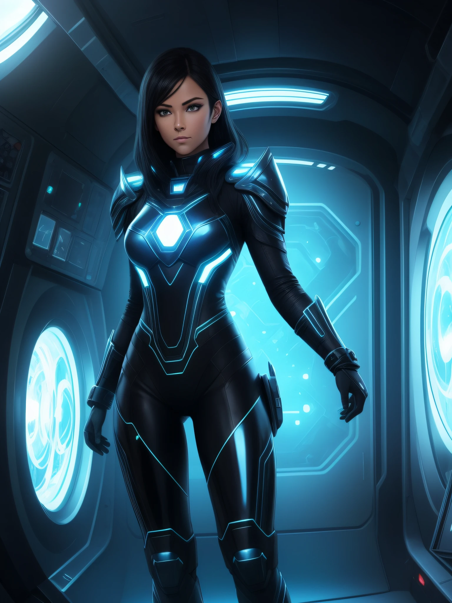 Complete art masterpiece, high quality, ultra detailed in 4k, 8k, high resolution, hyper-realistic photo, hyper-detailed, realistic skin texture, amazing shadows, extremely detailed texture, perfect lighting, high-level image quality, A female captain of a spaceship, inspired by Alien (Fair skin, black hair, outlined eyes, outlined face, bracelet, Full body), Nice shiny armor, inside a spaceship bridge, computer, neon lights