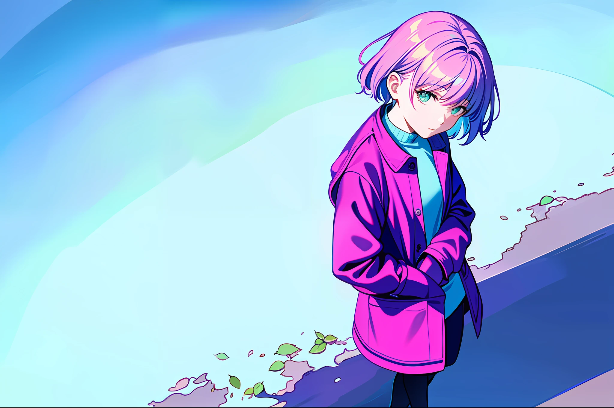 masterpiece,(best quality),(1girl),solo,(high contrast:1.2),(high saturation:1.2), ((hands in pocket)),looking at the viewer,((white and light blue theme:1.3)),((white and light blue background:1.5)),pink hair,green eyes,((walking:1.3)),full body,black shoes,((clear blue water in the sky and white cloud and day)),(from above:1.2)),  Ink paint, A depressed woman sits by the window, dressed in a purple jacket, with green eyes and pink hair. The atmosphere is melancholic and cinematic.