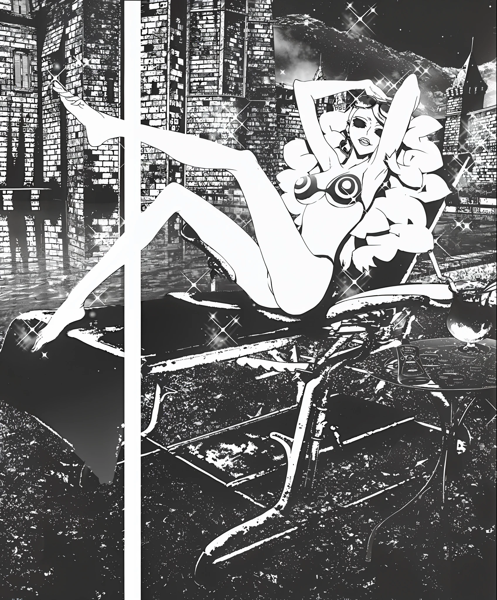 There is a woman sitting on a lawn chair holding an umbrella, Shohei Otomo, inspired by Apollonia St. Clair, black and white comic book style, Derek Gores, black and white comic book panel, inspired by Derek Gores, inspired by Toko Shinoda, Guidoc Repax style, Toko Shinoda, high contrast illustration, 8K !!, color photo,