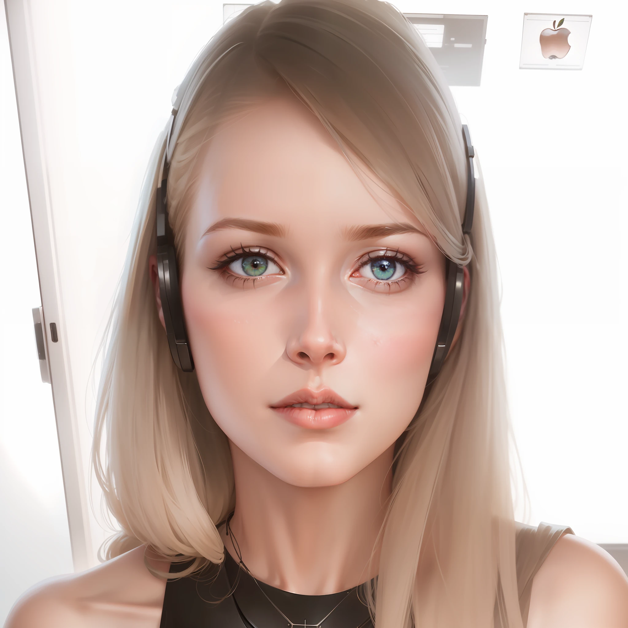 an apple ad showing an isolated white woman, in the style of science-fiction dystopias, detailed crowd scenes, firmin baes, functional aesthetics, michael martchenko, seb mckinnon, stylish costume design --ar 45:5 --auto --s2