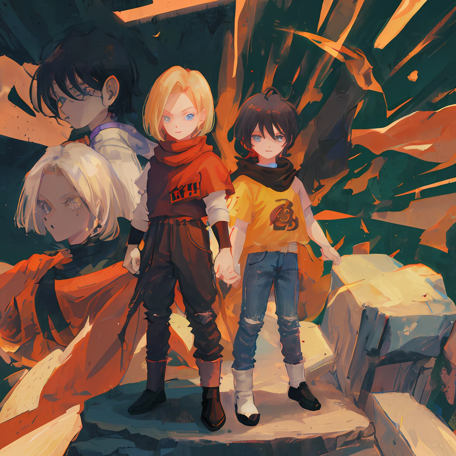Android 17 child dragonballz boy black hair shoulder length blue allstar jeans long green socks and black t-shirt with white blouse underneath black, blue eyes with red scarf around neck