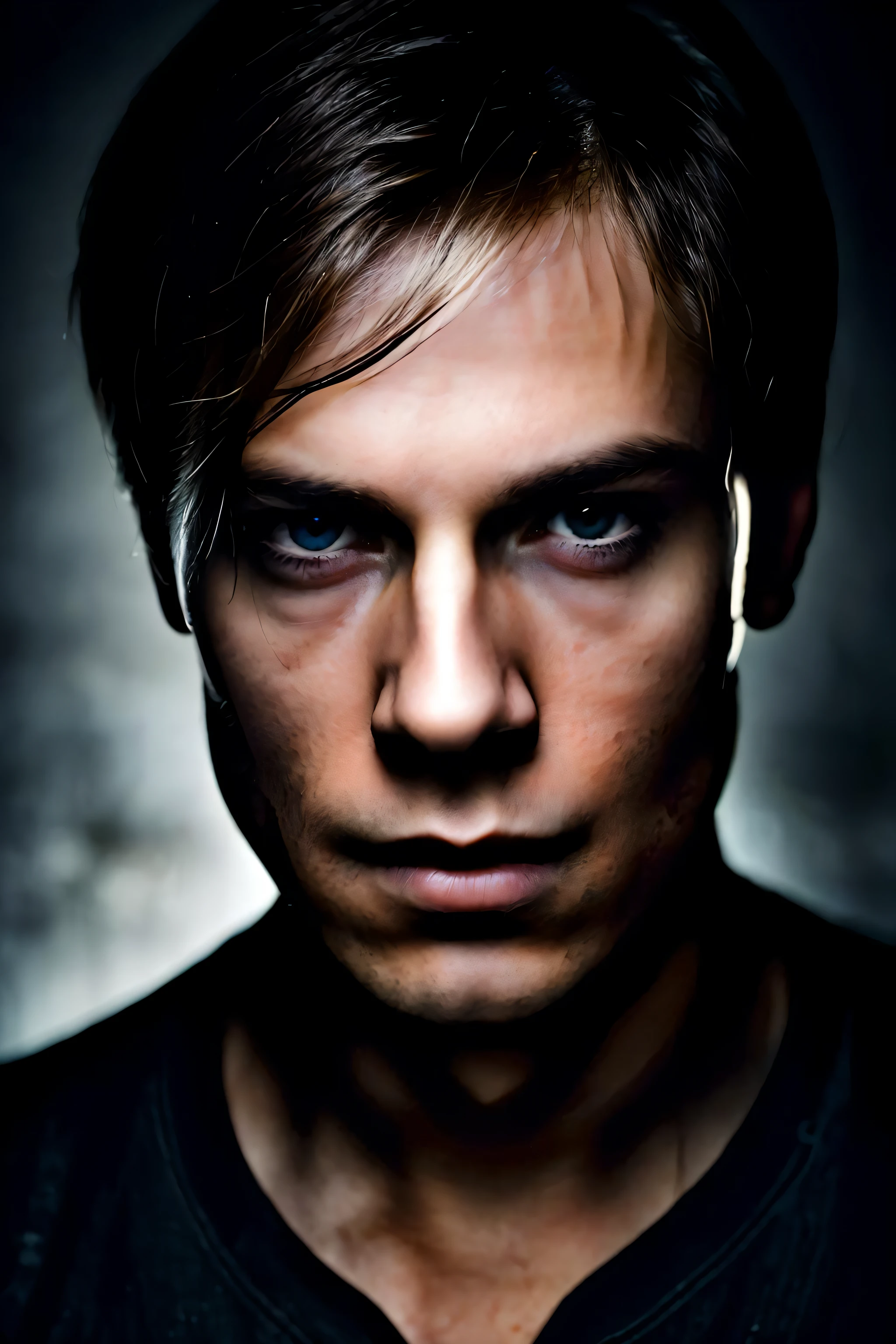 photo portrait of man, best quality, dark studio, round pupil