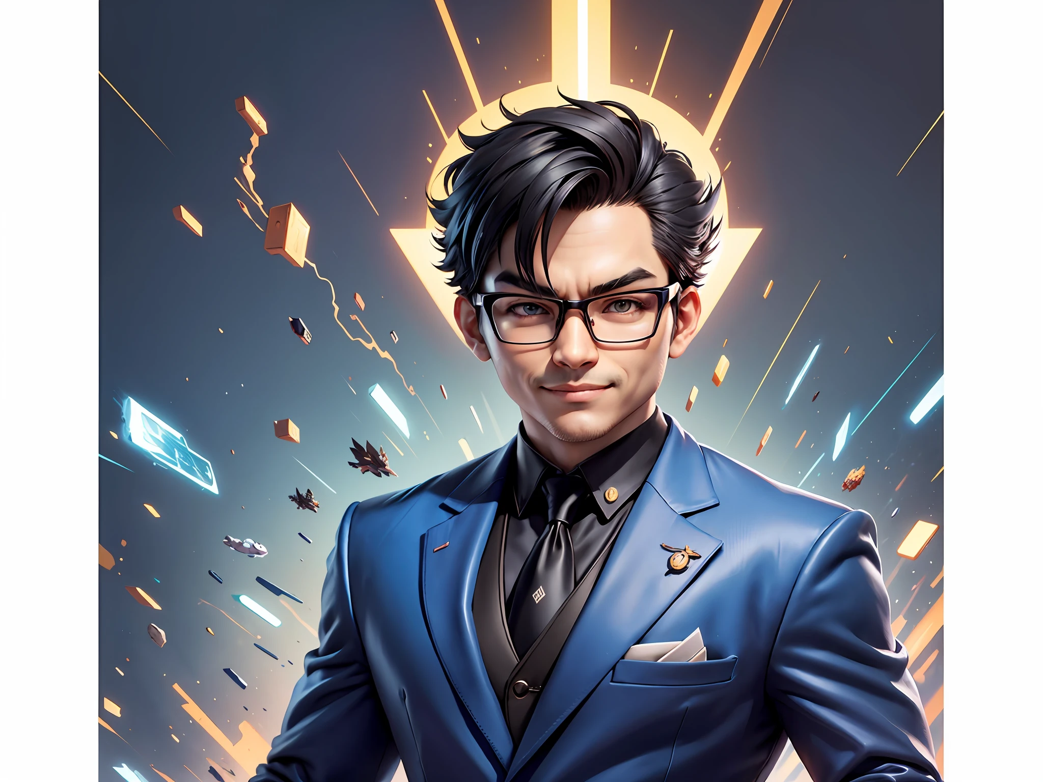 (Masterpiece), (Extreme Quality), (Super Meticulous), (Full Body: 1.2), Super Young Man, Chinese Dragon, Tiger, Wind God Thor, Sexy, Bursting, Oriental Face, TV Anchor, Bust Portrait Illustration, Black Formal Suit, Blue Tie, Slightly Chubby Face, Silver Glasses, Very Clean Face, No Beard on Chin, Black Super Short Hair, Black Eyes, Confident Smile, 3c Computer Sub-Products, iPad, iPhone, Digital Painting, 3D Character Design by Mark Claireden and Pixar and Hayao Miyazaki and Akira Toriyama, The illustration is a high-definition illustration in 4K resolution with very detailed facial features and cartoon-style visuals.
