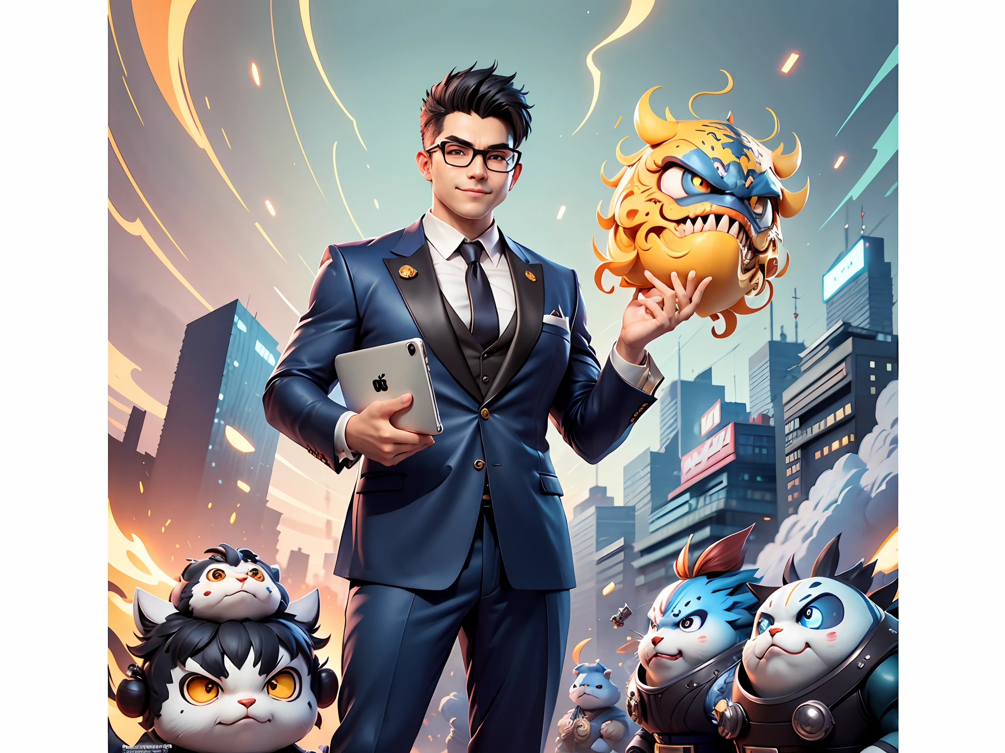 (Masterpiece), (Extreme Quality), (Super Meticulous), (Full Body: 1.2), Super Young Man, Chinese Dragon, Tiger, Wind God Thor, Sexy, Bursting, Oriental Face, TV Anchor, Bust Portrait Illustration, Black Formal Suit, Blue Tie, Slightly Chubby Face, Silver Glasses, Very Clean Face, No Beard on Chin, Black Super Short Hair, Black Eyes, Confident Smile, 3c Computer Sub-Products, iPad, iPhone, Digital Painting, 3D Character Design by Mark Claireden and Pixar and Hayao Miyazaki and Akira Toriyama, The illustration is a high-definition illustration in 4K resolution with very detailed facial features and cartoon-style visuals.
