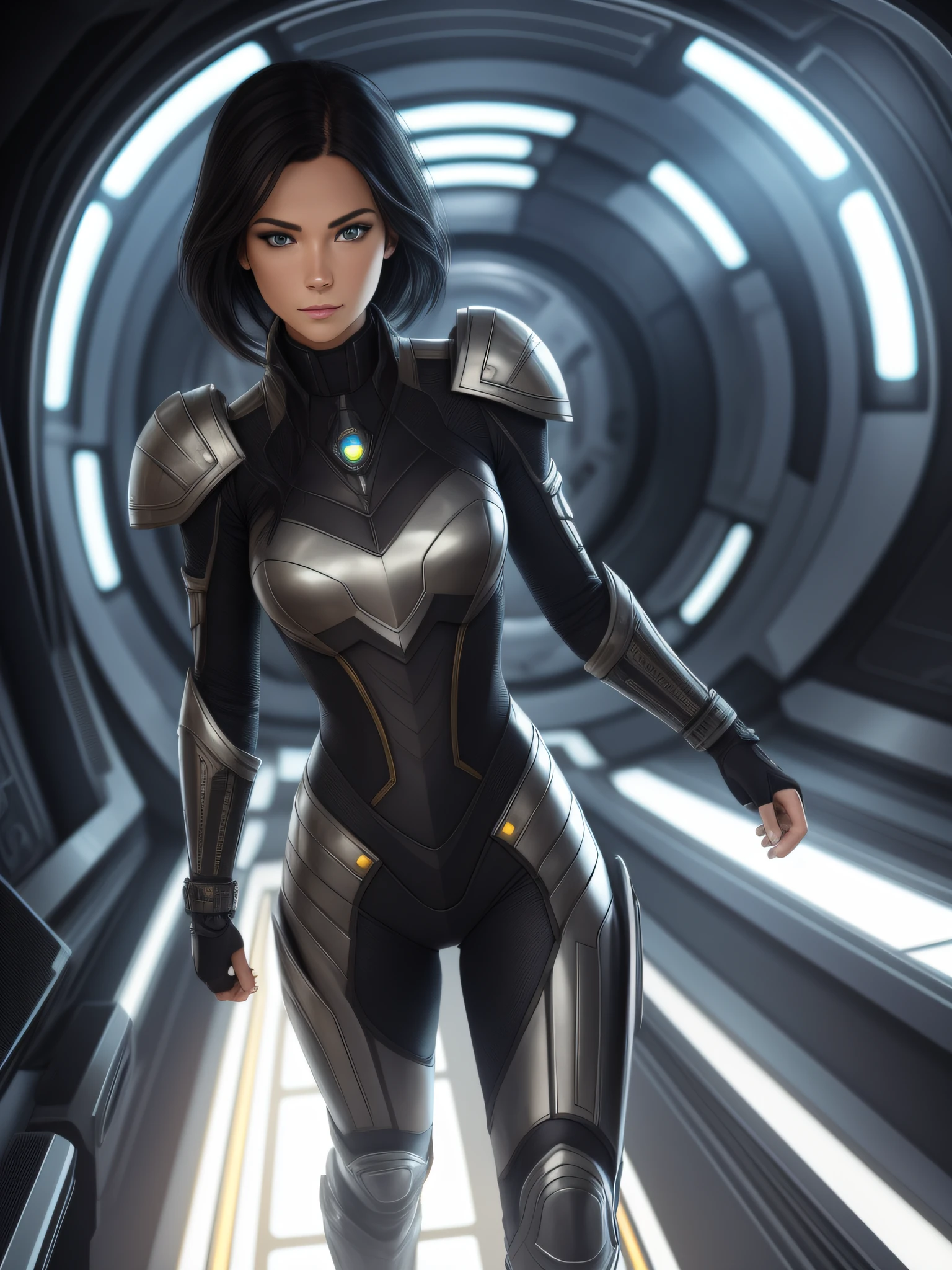 Complete art masterpiece, high quality, ultra detailed in 4k, 8k, high resolution, hyper-realistic photo, hyper-detailed, realistic skin texture, amazing shadows, extremely detailed texture, perfect lighting, high-level image quality, A female captain of a spaceship, inspired by Alien (Fair skin, black hair, outlined eyes, outlined face, bracelet, Full body), Nice shiny armor, inside a spaceship bridge