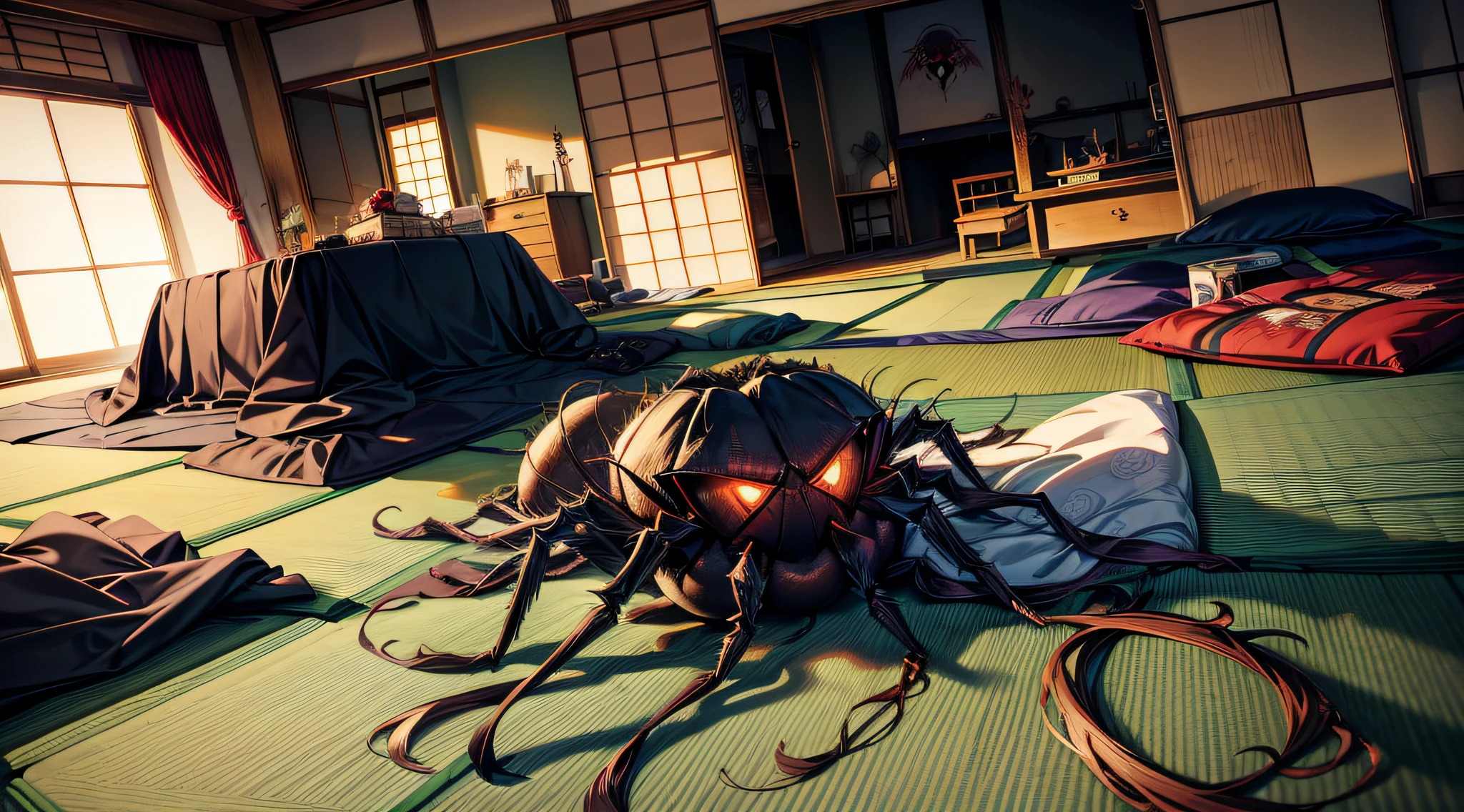 close up of terrifying gigantic hairy spider on a bed, (clothes on the floor:1.2), (Japanese bedroom:1.2), morning light, ((masterpiece: 1.3)), horror, arachnophobia, dangerous, windows, soft shadows, ((Top quality: 1.2)), posters on the wall, computer, books