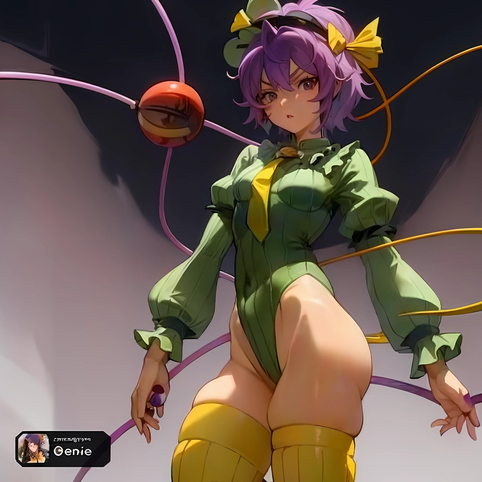 anime girl with purple hair and green and yellow outfit holding a red apple, cushart kenz, krenz cushart and artgerm, insect trainer girl, game art!!, android heroine, made with anime painter studio, cushart krenz, gainax anime style, inspired by Krenz Cushart, gynoid body, loli