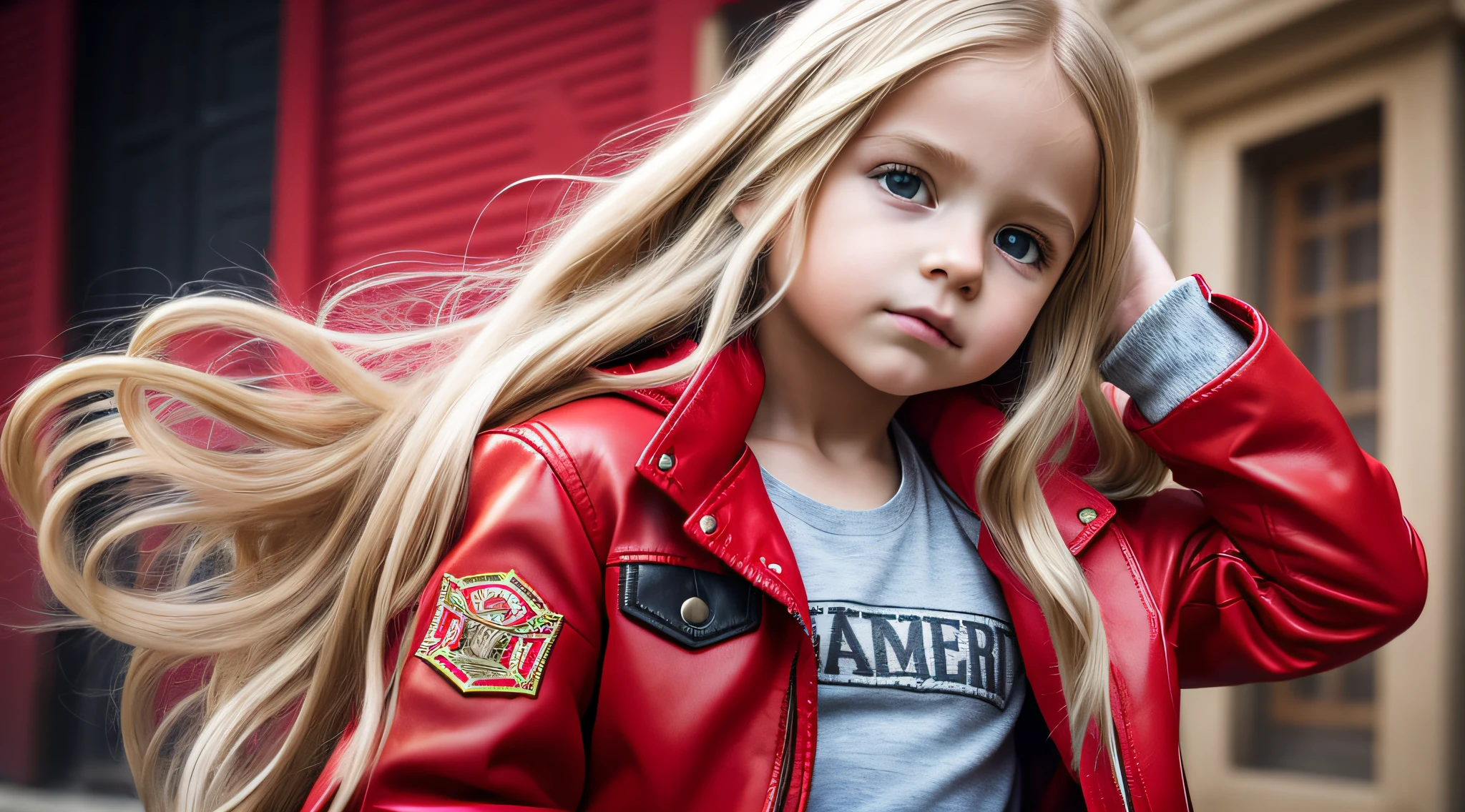 realistic, photorealistic, masterpiece, best quality, girl child 10 years, blonde with long hair, suspense atmosphere, red jacket, thriller, red jacket, wearing red jacket, brown pants red shirt, red jacket, wearing dead lion fantasy jacket, red and black costume!!!, red leather jacket, RED BACKGROUND --auto --s2
