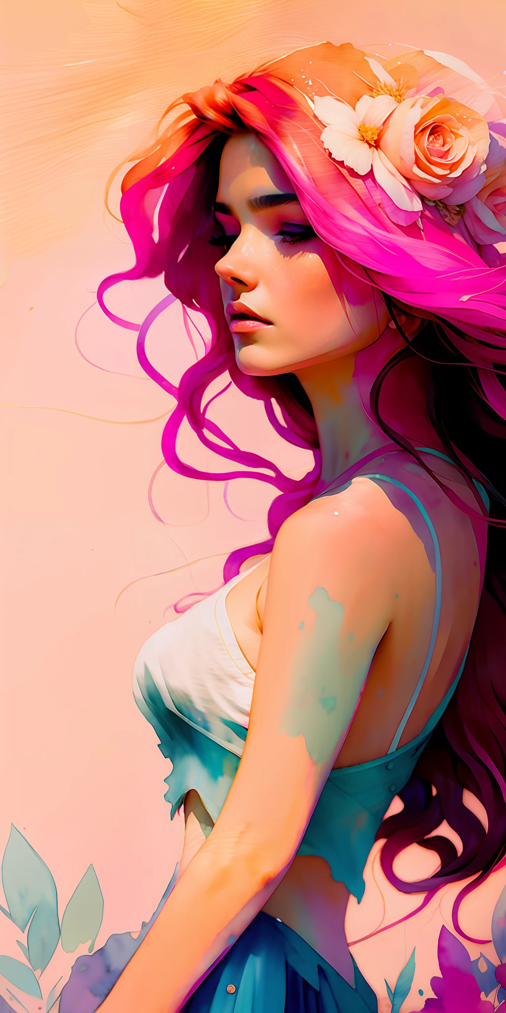wtrcolor style, (pink) digital art, official art, blown by the wind, masterpiece, beautiful,highest quality, high resolution image,8k, most beautiful woman, redhead, abundant hair,hair disheveled by the wind, rose petals in the air,((watercolor)), paint splash, intricate detail. Great detail, [drip: 0.7], Trends in Artstation, Rachel Walker
