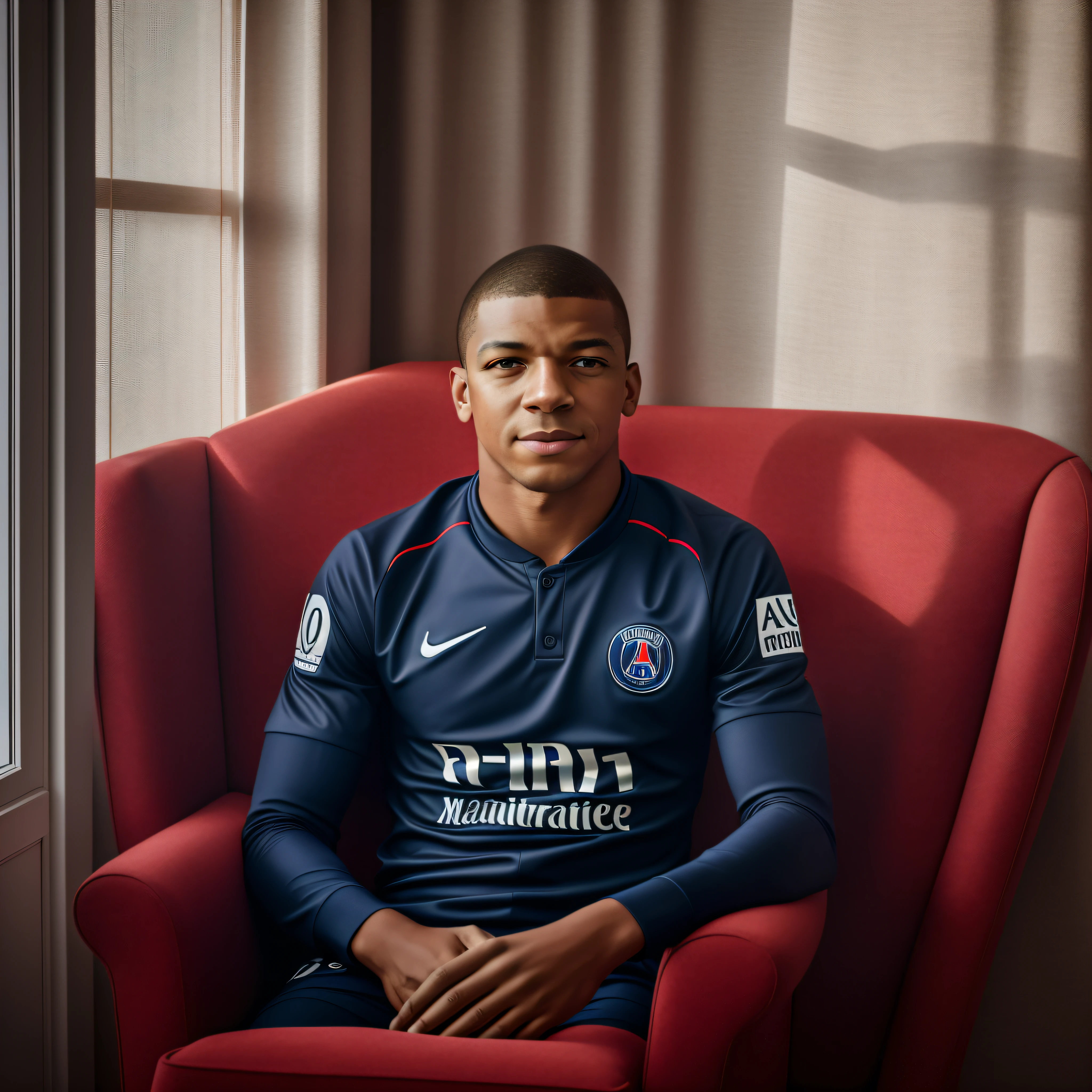 A photograph of Mbappe, sitting in an armchair, his gaze fixed on the camera, as he wears the PSG shirt. The surrounding room is elegantly decorated in shades of blue and red, matching the club colours. Natural light gently enters through the windows, illuminating the environment. Mbappe exudes confidence and determination in his facial expression. The photograph will be captured with a DSLR camera, using a 50mm lens to ensure a sharp and detailed image. --ar 16:9 --v 5