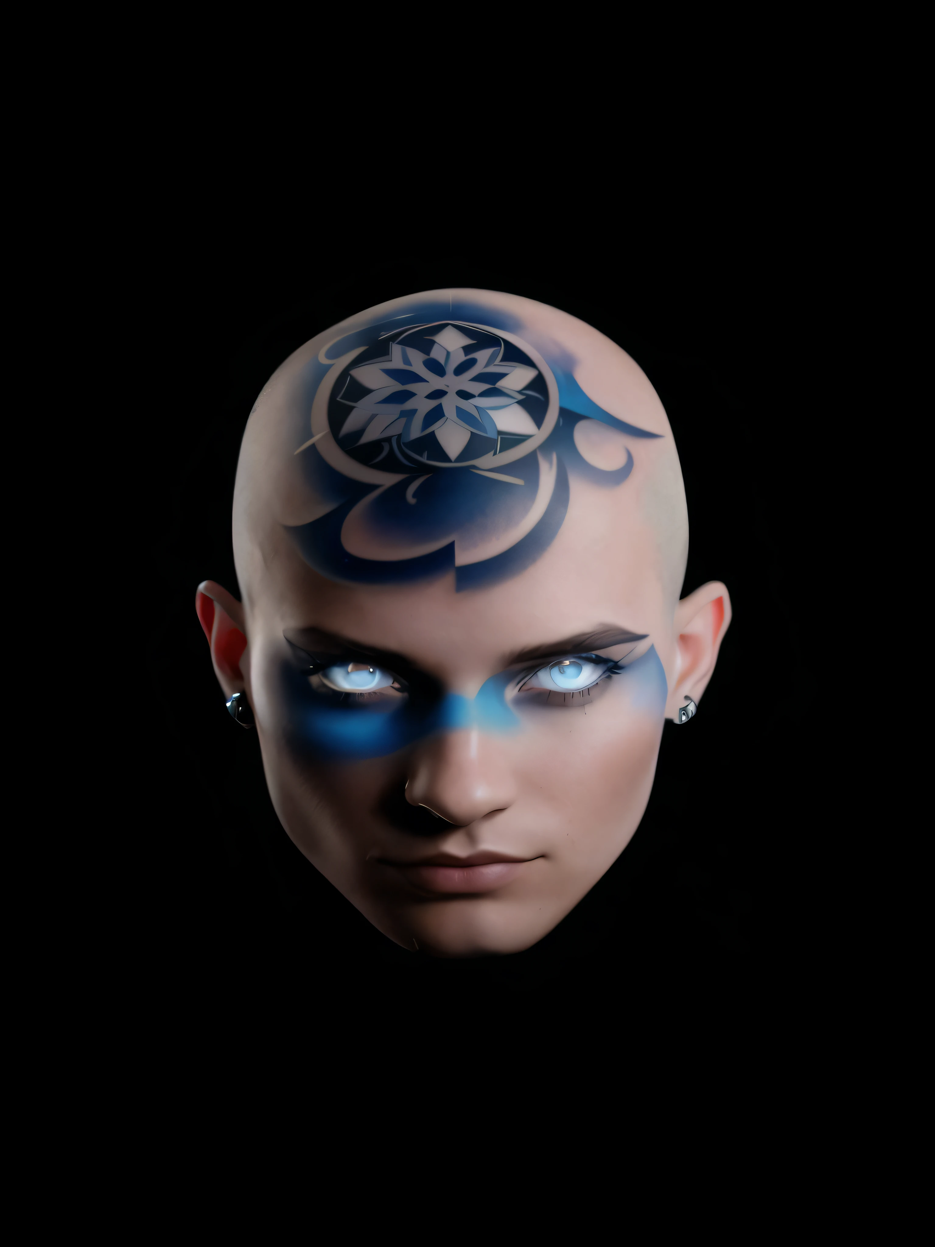a close up of a person with a tattoo on their head, aetherpunk airbrush digital art, symmetry!! portrait of cyborg, blue head, face tattoo, well detailed head with led eyes, face tattoos, full face tattoo epic portrait, with facial tattoo, tattooed face, hyper realistic head, cybernetic head, facial tattoos, blue face unreal engine