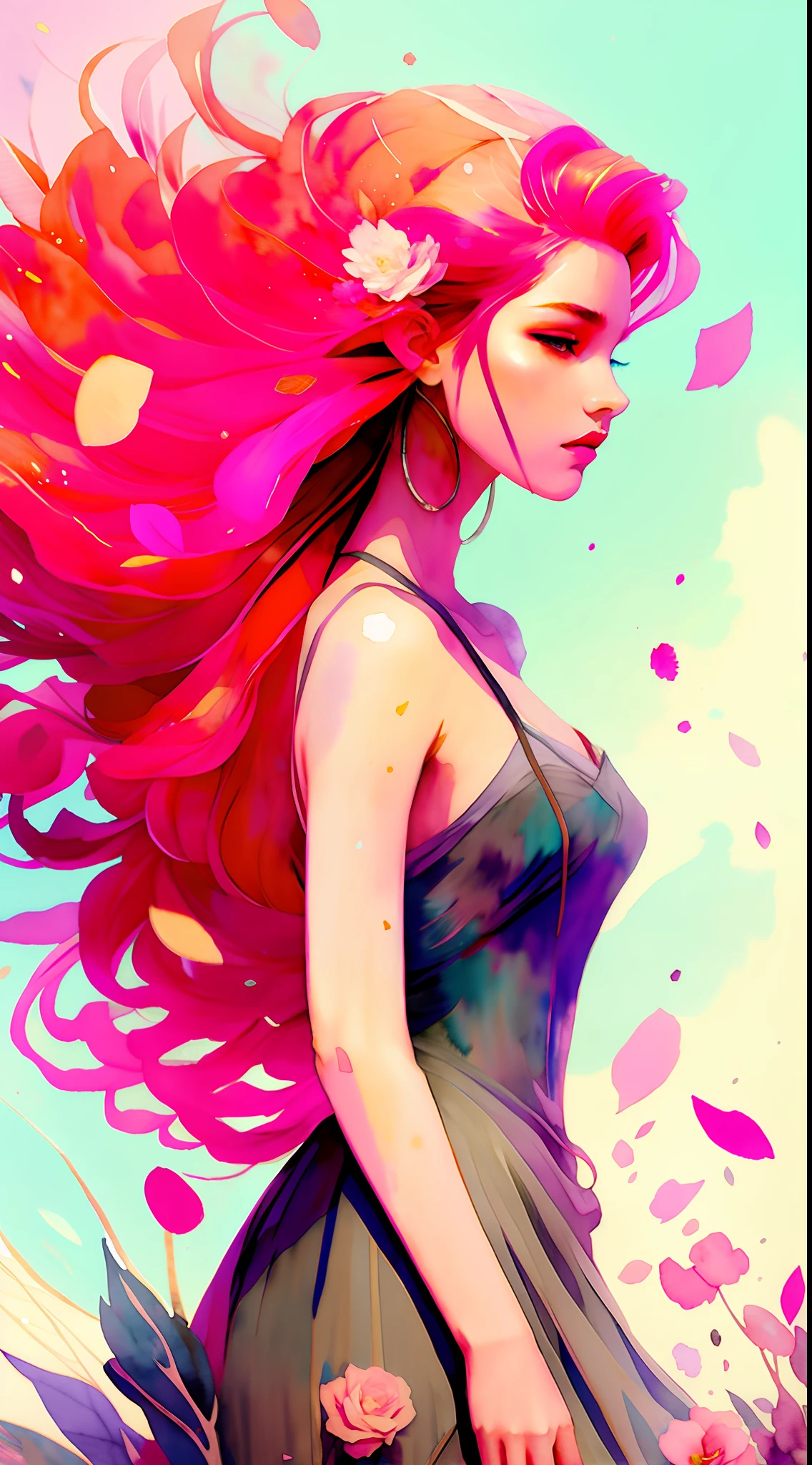 wtrcolor style, (pink) digital art, official art, blown by the wind, masterpiece, beautiful,highest quality, high resolution image,8k, most beautiful woman, redhead, abundant hair,hair disheveled by the wind, rose petals in the air,((watercolor)), paint splash, intricate detail. Great detail, [drip: 0.7], Trends in Artstation, Rachel Walker