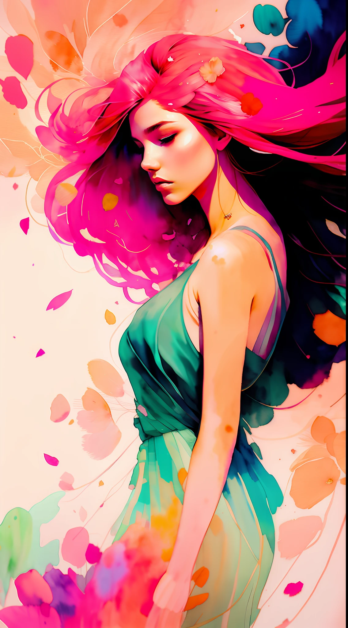 wtrcolor style, (pink) digital art, official art, blown by the wind, masterpiece, beautiful,highest quality, high resolution image,8k, most beautiful woman, redhead, abundant hair,hair disheveled by the wind, rose petals in the air,((watercolor)), paint splash, intricate detail. Great detail, [drip: 0.7], Trends in Artstation, Rachel Walker