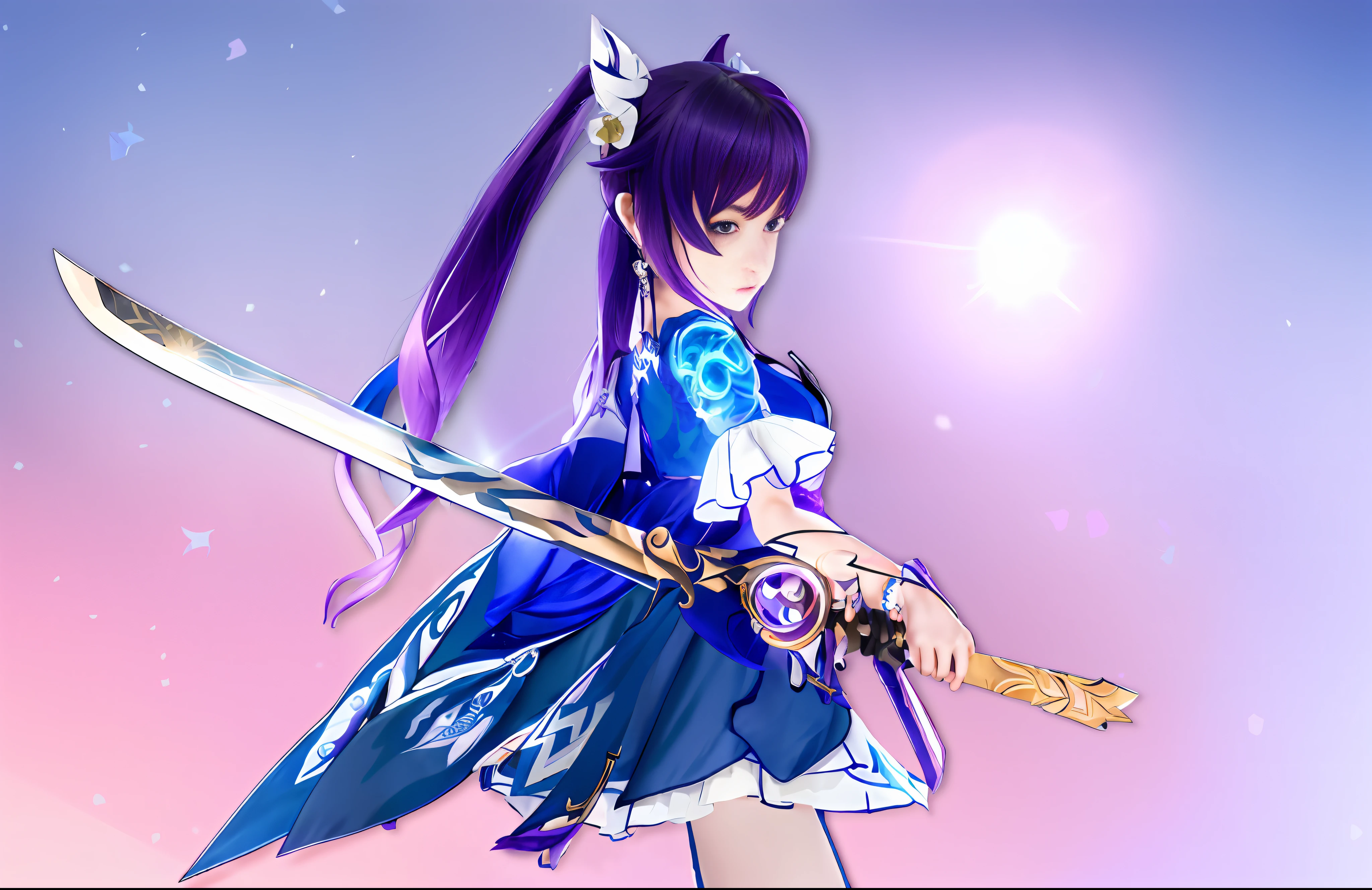 a woman in a blue dress holding a sword in front of a purple background, ayaka genshin impact, keqing from genshin impact, genshin impact character, ayaka game genshin impact, zhongli from genshin impact, katana zero video game character, genshin impact style, detailed key anime art, genshin, portrait knights of zodiac girl