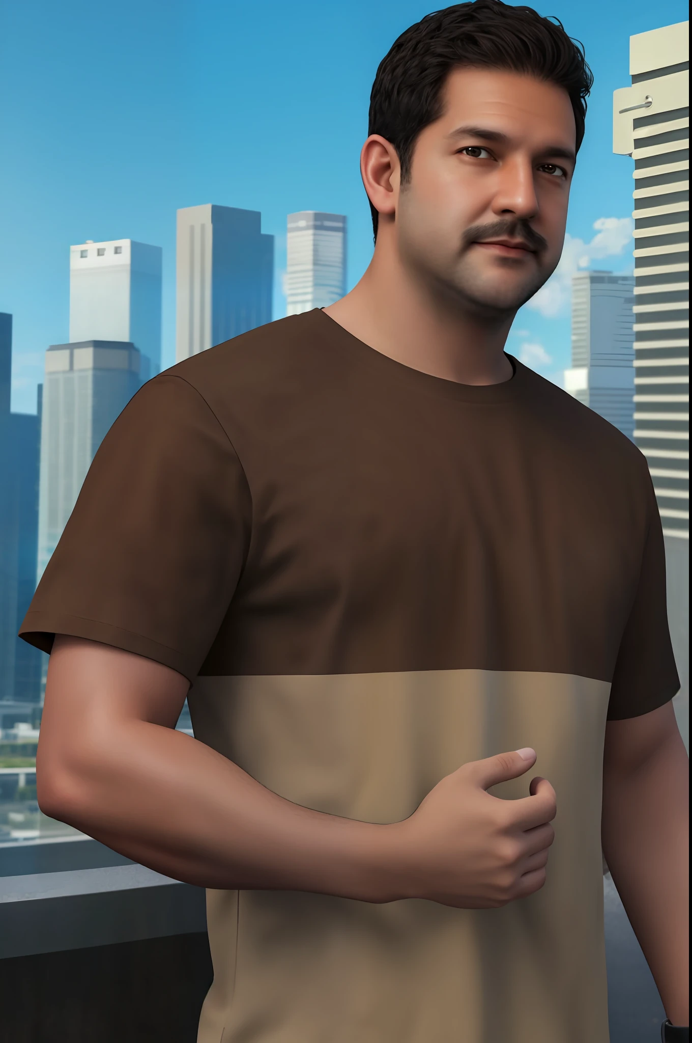 bogg dann, masterpiece, best quality, 1boy, solo, male focus, shirt, wristwatch, watch, facial hair, outdoors, black hair, closed mouth, short sleeves, realistic, blurry, brown shirt, t-shirt, photo background, sky, towel on one shoulder, towel, striped shirt, taking picture, selfie, close-up, skyscraper, on roof, depth of field, wrinkled skin, mature male,