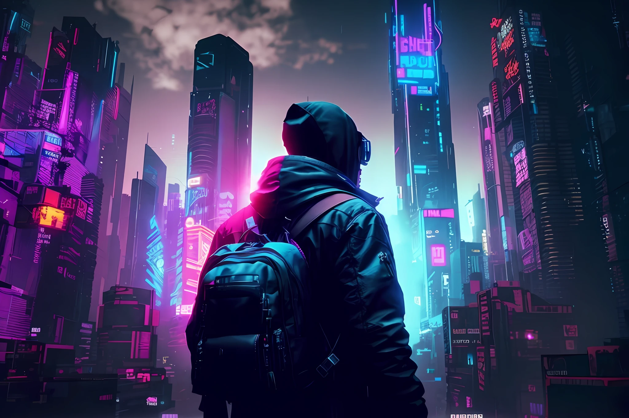 a man in a backpack standing in front of a city with neon lights, in cyberpunk city, cyberpunk vibe, cyberpunk in a cyberpunk city, has cyberpunk style, more and more cyberpunk, in cyberpunk aesthetic, beeple!!, style hybrid mix of beeple, cyberpunk aesthetics, aesthetic cyberpunk, beeple style, cyberpunk vibrant colors, cyberpunk vibes