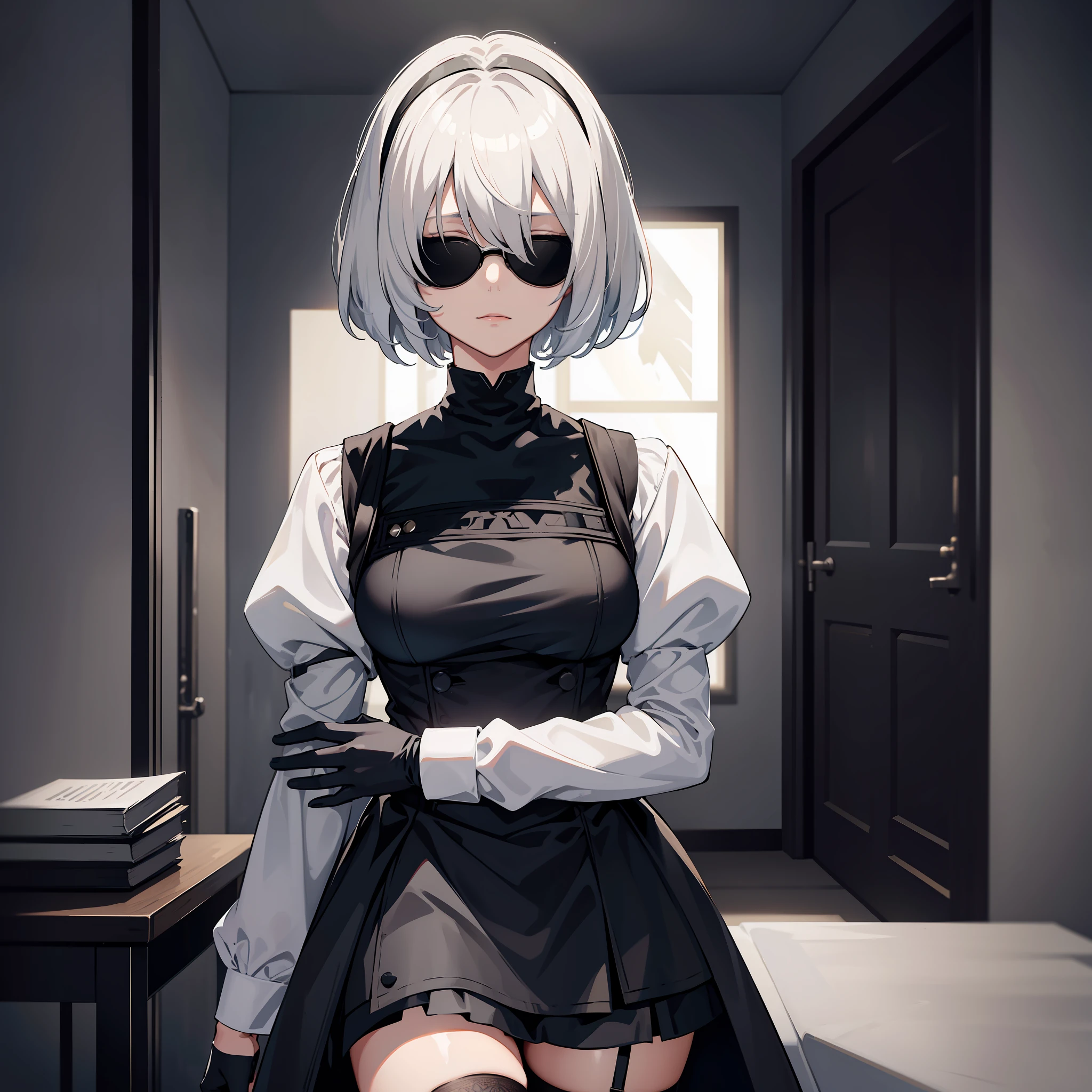 masterpiece, best quality, solo, (yorha no. 2 type b:1.14), (upper body:1.1), medium breasts, expressionless, 1girl, solo, (ruffling hair, messy hair:1.1), short hair, white hair, bottom inside the room, best quality, ultra detailed, 1girl, solo, standing, medium hair, fringes, white shirt, tie, skirt, legwear, black gloves, round black glasses, sunglasses, all-black glasses,  hiding his eyes, does not show his eyes, round glasses