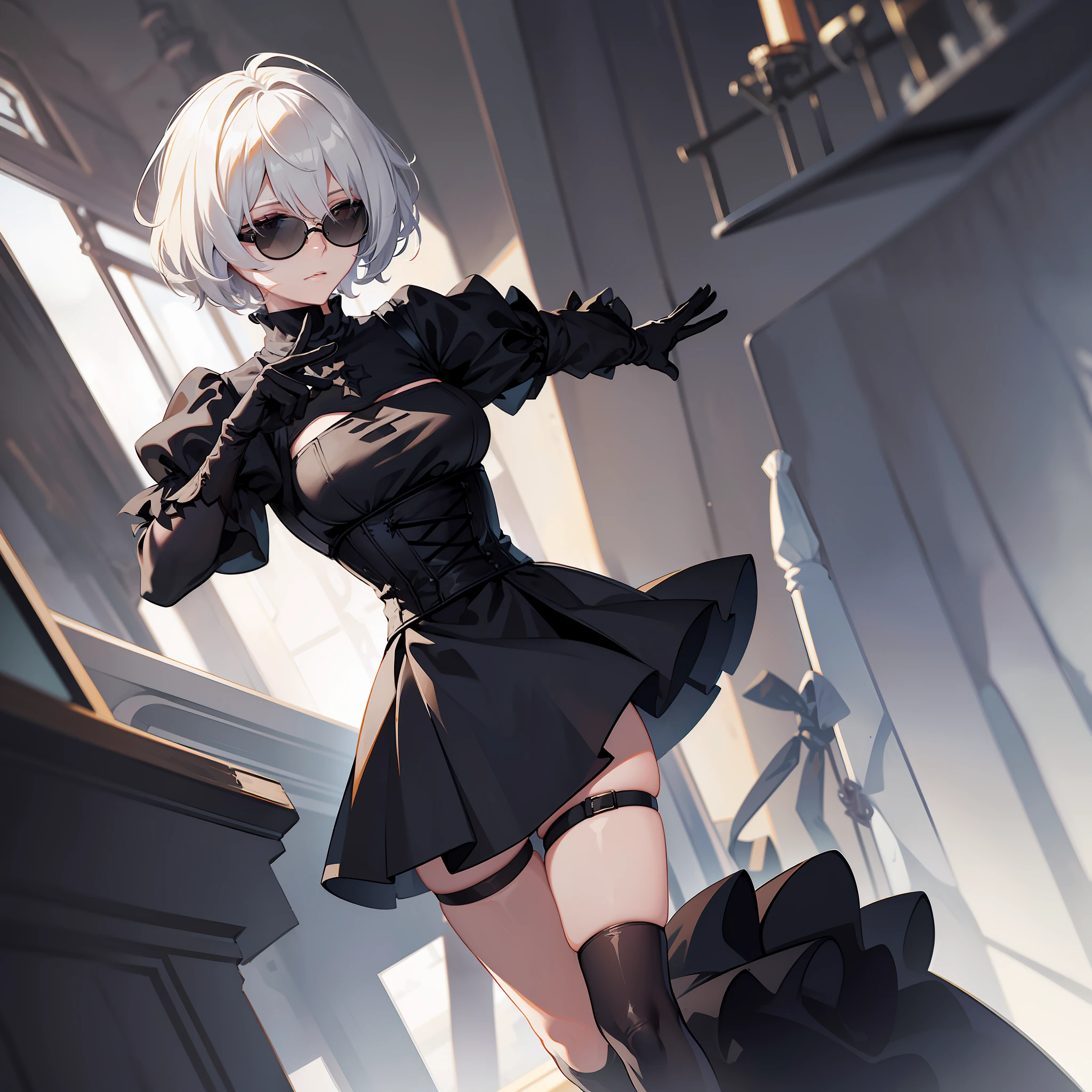 masterpiece, best quality, solo, (yorha no. 2 type b:1.14), (upper body:1.1), medium breasts, expressionless, 1girl, solo, (ruffling hair, messy hair:1.1), short hair, white hair, bottom inside the room, best quality, ultra detailed, 1girl, solo, standing, medium hair, fringes, white shirt, tie, skirt, legwear, black gloves, round black glasses, sunglasses, all-black glasses, hiding his eyes, does not show his eyes, round glasses