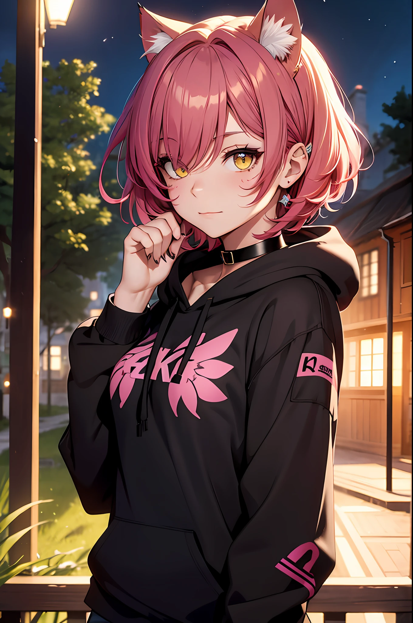 masterpiece, 8k resolution, high detail, 1girl, beautiful cute woman, short lavender hair, cat ears, cat tail, yellow eyes, medium breasts, upper body, tight pants, wearing black hoodie, face paint, flower in hair, choker, tattoos, sleepy, faint smile, outdoors, at the forest, night, hair over one eye, red hair with pink highlights