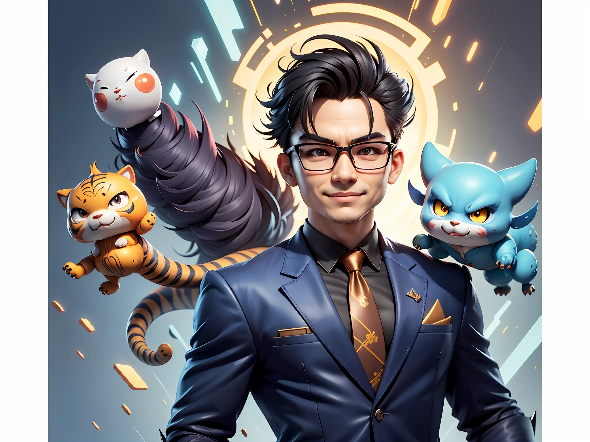 (Masterpiece), (Extreme Quality), (Super Meticulous), (Full Body: 1.2), Super Young Man, Chinese Dragon, Tiger, Wind God Thor, Sexy, Bursting, Oriental Face, TV Anchor, Bust Portrait Illustration, Black Formal Suit, Blue Tie, Slightly Chubby Face, Silver Glasses, Very Clean Face, No Beard on Chin, Black Super Short Hair, Black Eyes, Confident Smile, 3c Computer Sub-Products, iPad, iPhone, Digital Painting, 3D Character Design by Mark Claireden and Pixar and Hayao Miyazaki and Akira Toriyama, The illustration is a high-definition illustration in 4K resolution with very detailed facial features and cartoon-style visuals.