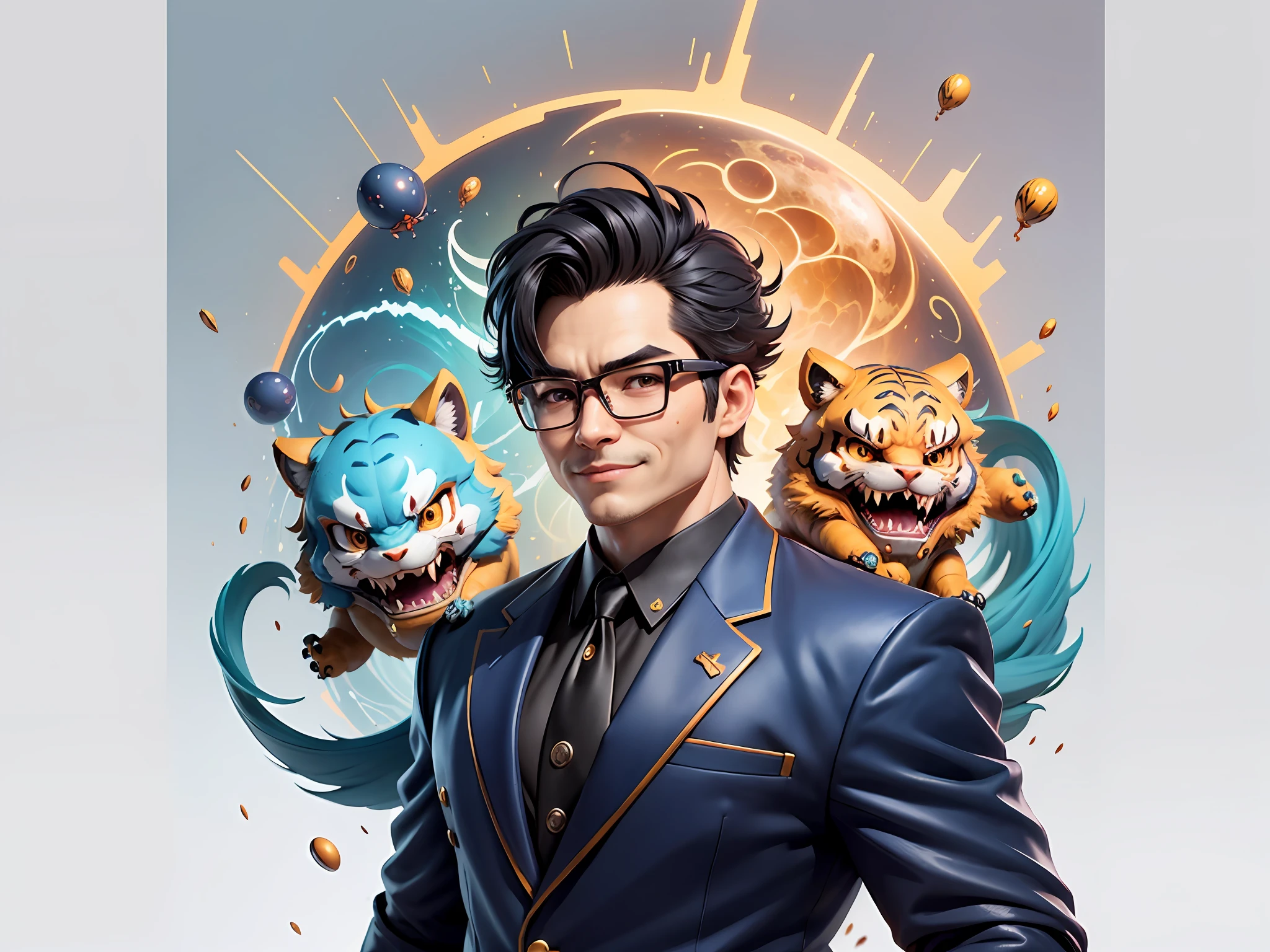 (Masterpiece), (Extreme Quality), (Super Meticulous), (Full Body: 1.2), Super Young Man, Chinese Dragon, Tiger, Wind God Thor, Sexy, Bursting, Oriental Face, TV Anchor, Bust Portrait Illustration, Black Formal Suit, Blue Tie, Slightly Chubby Face, Silver Glasses, Very Clean Face, No Beard on Chin, Black Super Short Hair, Black Eyes, Confident Smile, 3c Computer Sub-Products, iPad, iPhone, Digital Painting, 3D Character Design by Mark Claireden and Pixar and Hayao Miyazaki and Akira Toriyama, The illustration is a high-definition illustration in 4K resolution with very detailed facial features and cartoon-style visuals.