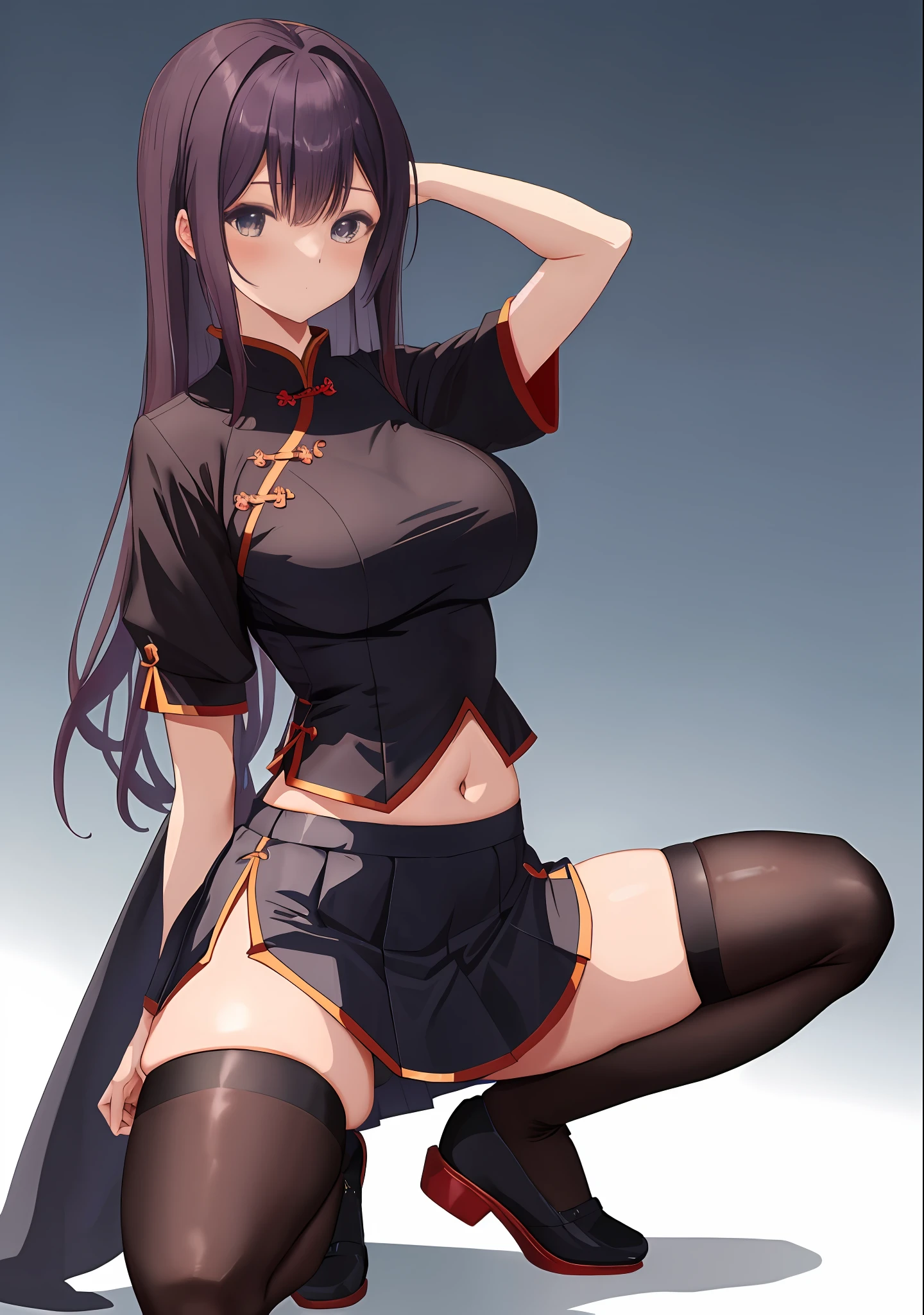 Anime girl with very big breasts and very big ass, full body Xianxia, small curvy ,((squatting)), full body,arms behind head,, {spread legs}, bow-leggedness, Crab crotch,((solo girl)), big, big ass, miniskirt, (( thighhigh)),((crotch)))、(POV)))、,curvy,(thighhigh),(China dress))、(long slit)、pixiv3dcg,, negative, pixiv, ecchi, otporo potion, full body commission four, top rating on pixiv, skirts and tight stockings, Transparent gray skirt, closeup portrait of woman with her navel exposed, intriguing outfit, tight outfit, sexy outfit, revealing clothes, short skirt, beautiful short skirt, short mini skirt, exposed midriff, she has a swaying fat round belly, wearing tight simple clothes, sexy cropped top, tight shirt