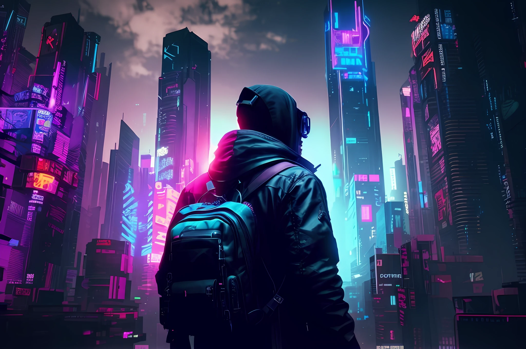 a man in a backpack standing in front of a city with neon lights, in cyberpunk city, cyberpunk vibe, cyberpunk in a cyberpunk city, has cyberpunk style, more and more cyberpunk, in cyberpunk aesthetic, beeple!!, style hybrid mix of beeple, cyberpunk aesthetics, aesthetic cyberpunk, beeple style, cyberpunk vibrant colors, cyberpunk vibes