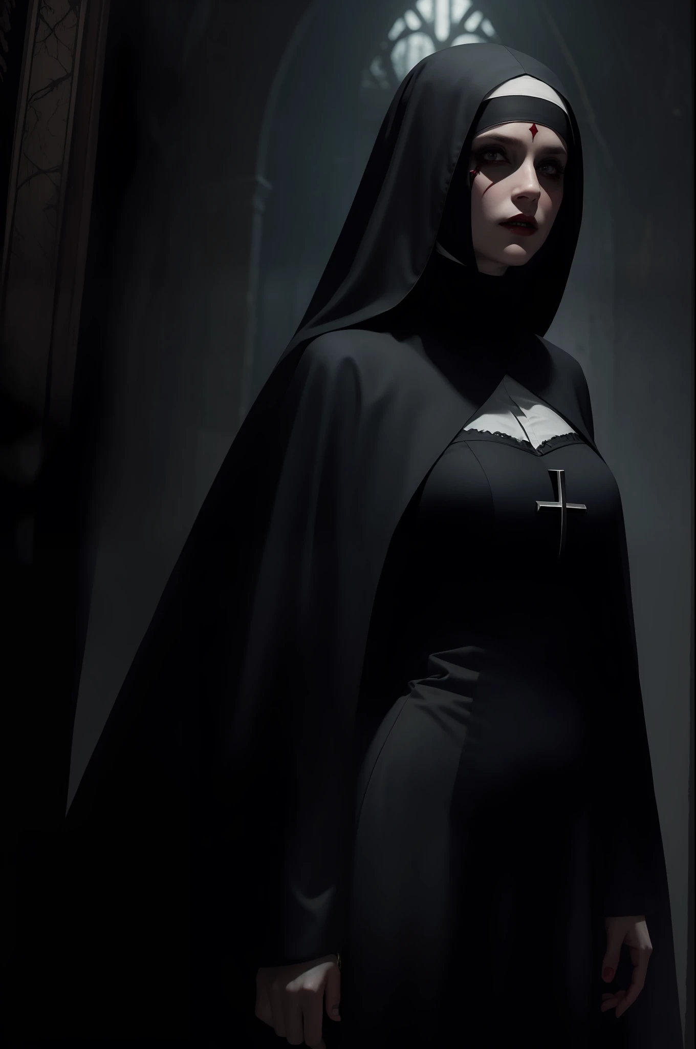 (horror art: 1.1), dread, vampire woman nun, unity 8k wallpaper, ultra detailed, beautiful and aesthetic, masterpiece, best quality, religious and superstitious terror,
