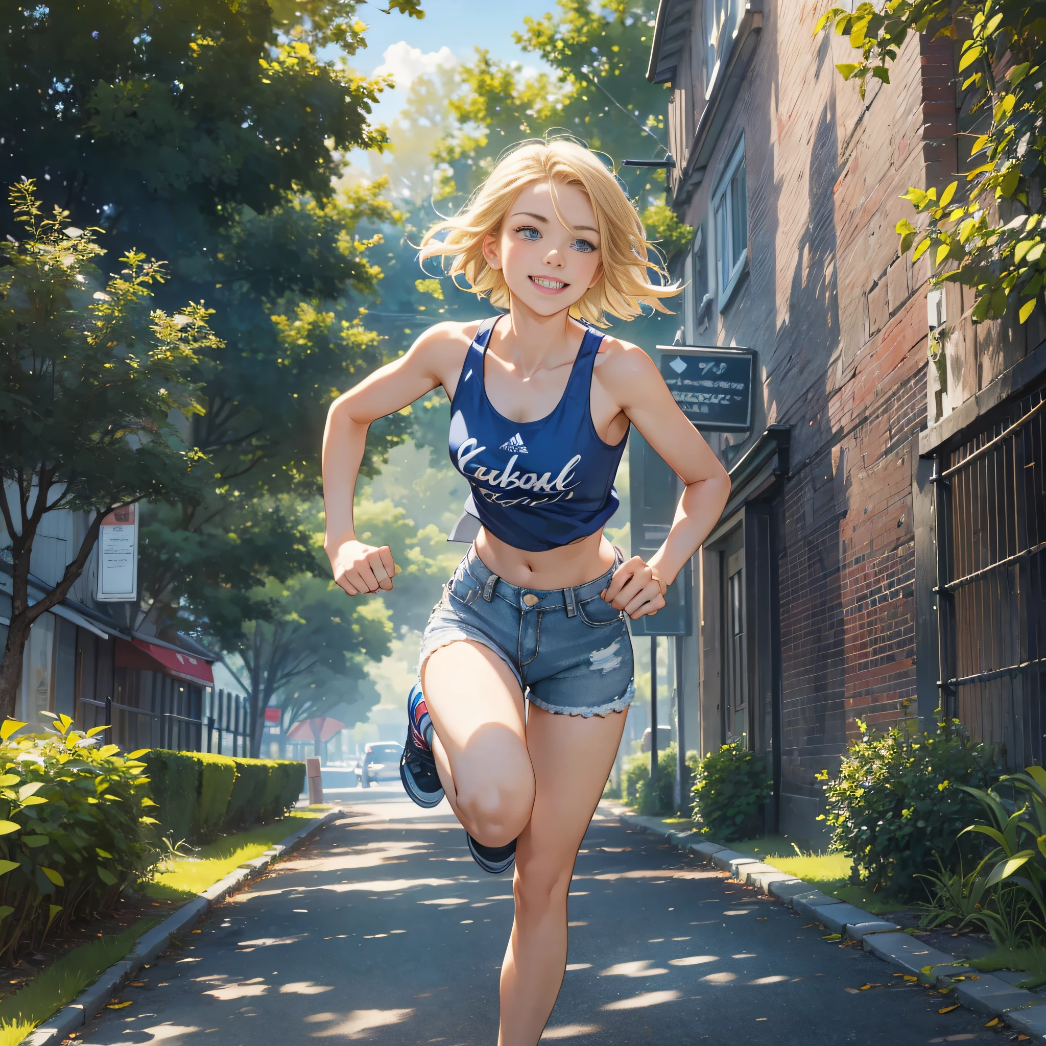 ["masterpiece", "best quality", "extremely detailed CG", "unity 8k wallpaper", "cinematic lighting"], harborside park, wide frame, 1 girl, full body, beautiful girl riding a bicycle,
The girl is running in the park, looking stunningly cute with a smile. She has a short bob hairstyle in golden blonde, blue eyes, double eyelids, and long eyelashes. She has long limbs and is wearing a blue sports tank top, distressed denim shorts, and blue running shoes. She strikes an active pose as she runs along the park's pathways."