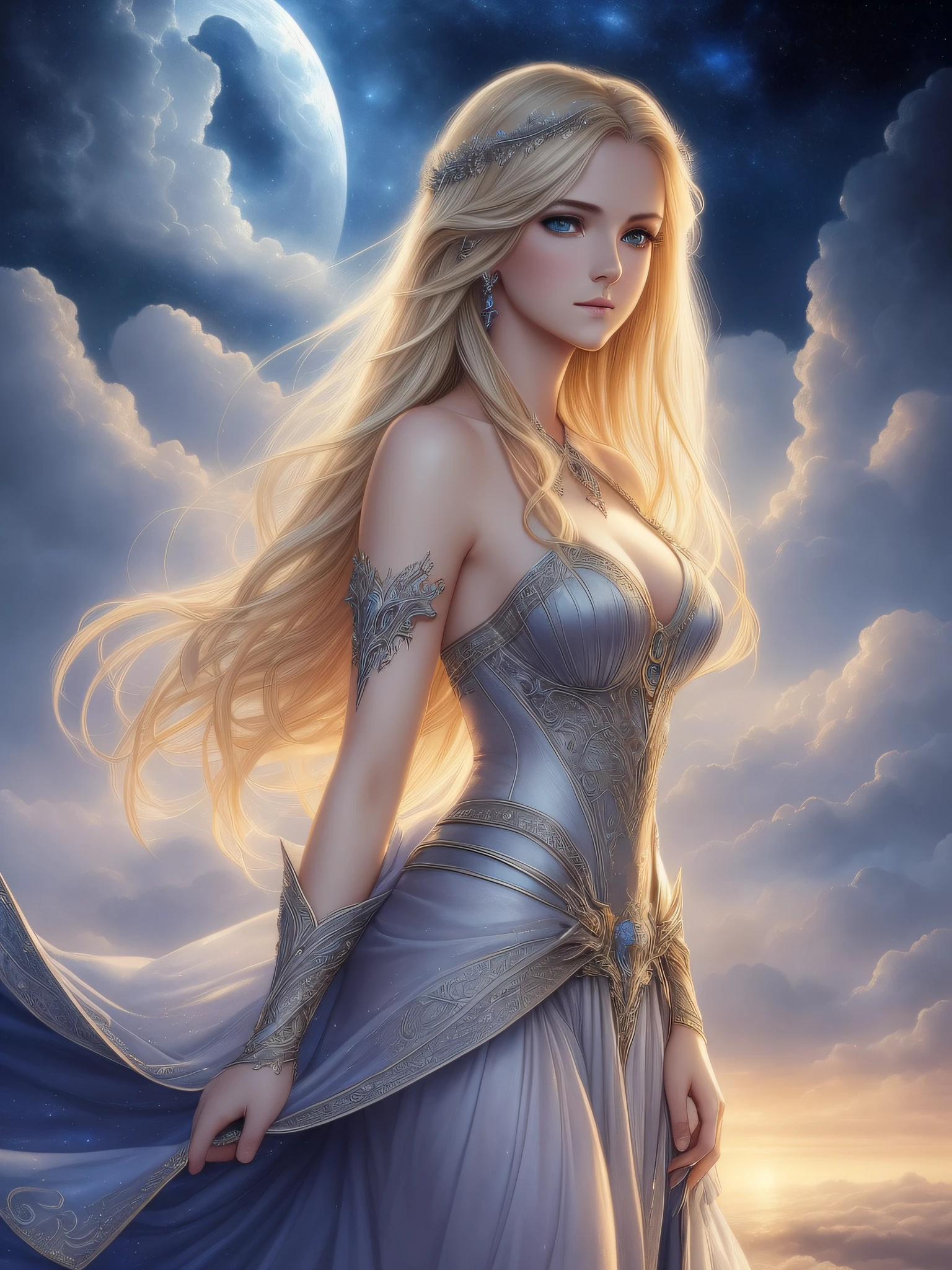 (best quality)), ((masterpiece)), (detailed)), ethereal beauty, (fantasy illustration: 1.3), enchanting gaze, captivating pose, straight blond hair, fabulously gorgeous dress showing off her shoulders , otherworldly charm, mystical starlit sky, (Luis Royo:1.2), moonlit night, soft colors, (detailed clouds:1.3), (high resolution:1.2)