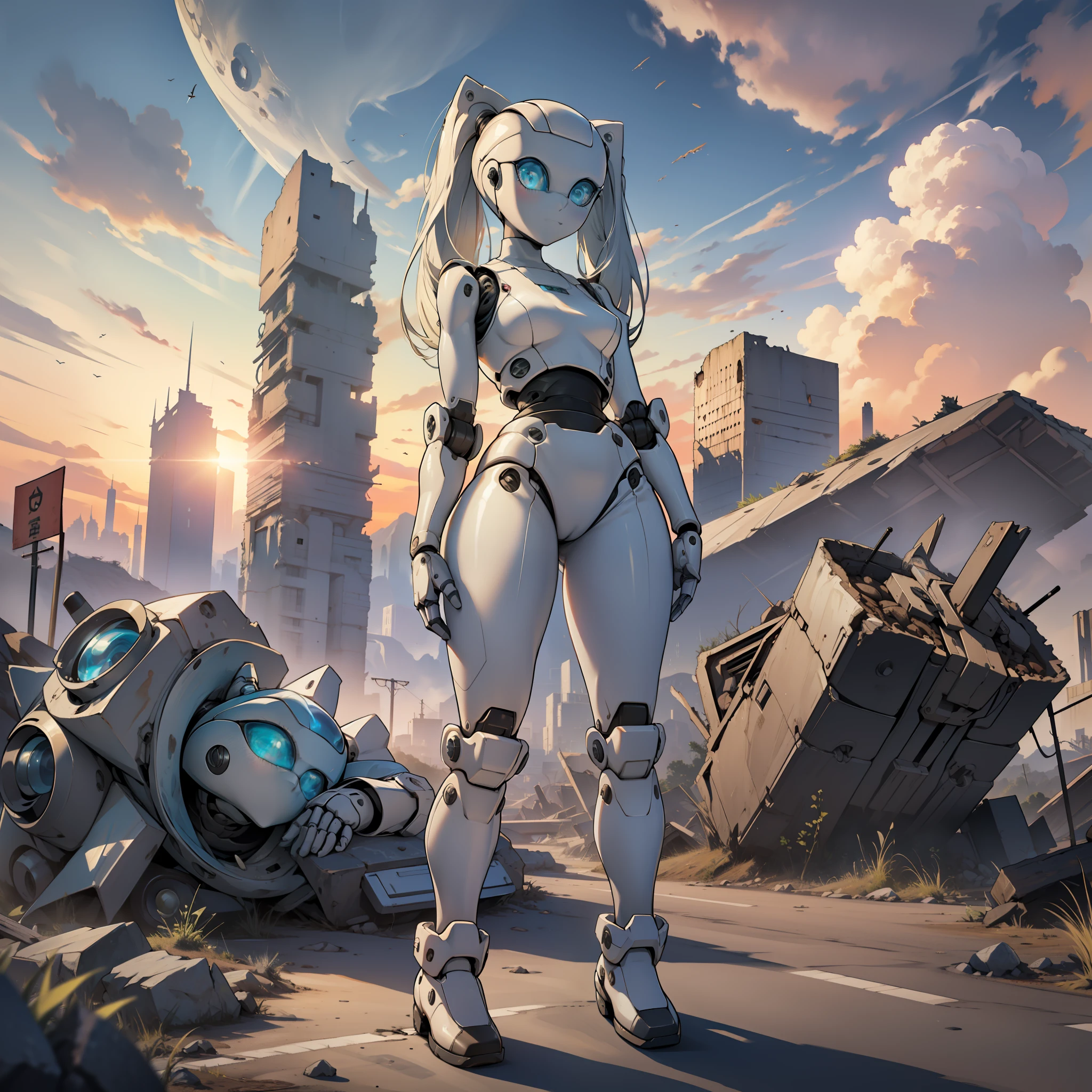 Beautiful and detailed image, drossel, twintail, boots, woman, robot, smile, blue eyes, looking at the viewer, small breasts, 4k, masterpiece, best quality, solo, single character, high detail, (no mouth), big eyes, full-length, future, science fiction, legs, metal hair, huge dump, standing on its feet, excavator, grim, tower, mountains of garbage, wrecked cars, fire, smoke, ruined city, sunset,  evening, ruins of the city, anime character, android, robot, sfw