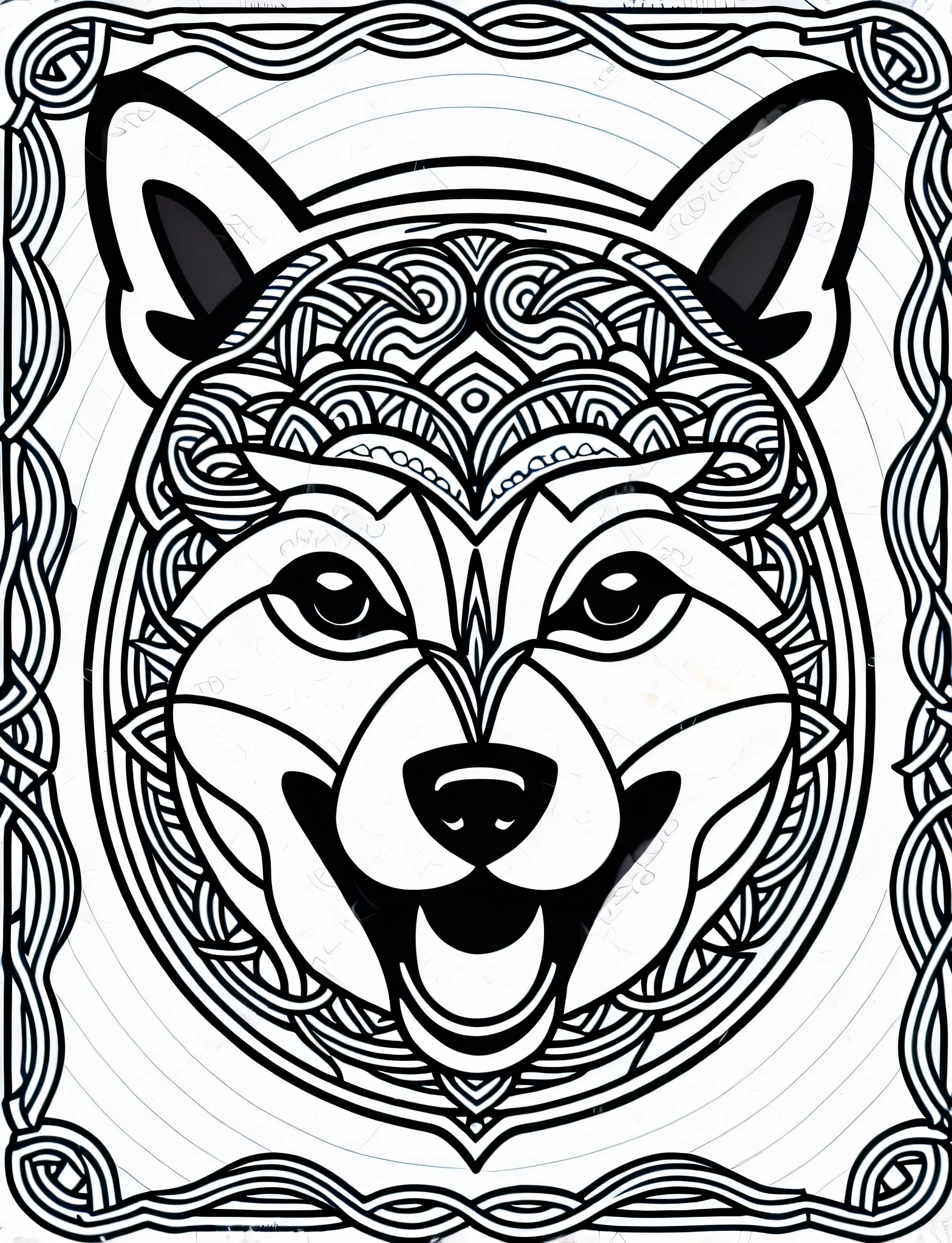 a Shiba Inu style dog, fantasy, magical, mandala, happy, black and white, equal wavy lines, realistic line art drawing, coloring book page, no noise, sharp thick lines, contour art, centered image, isolated on a white background