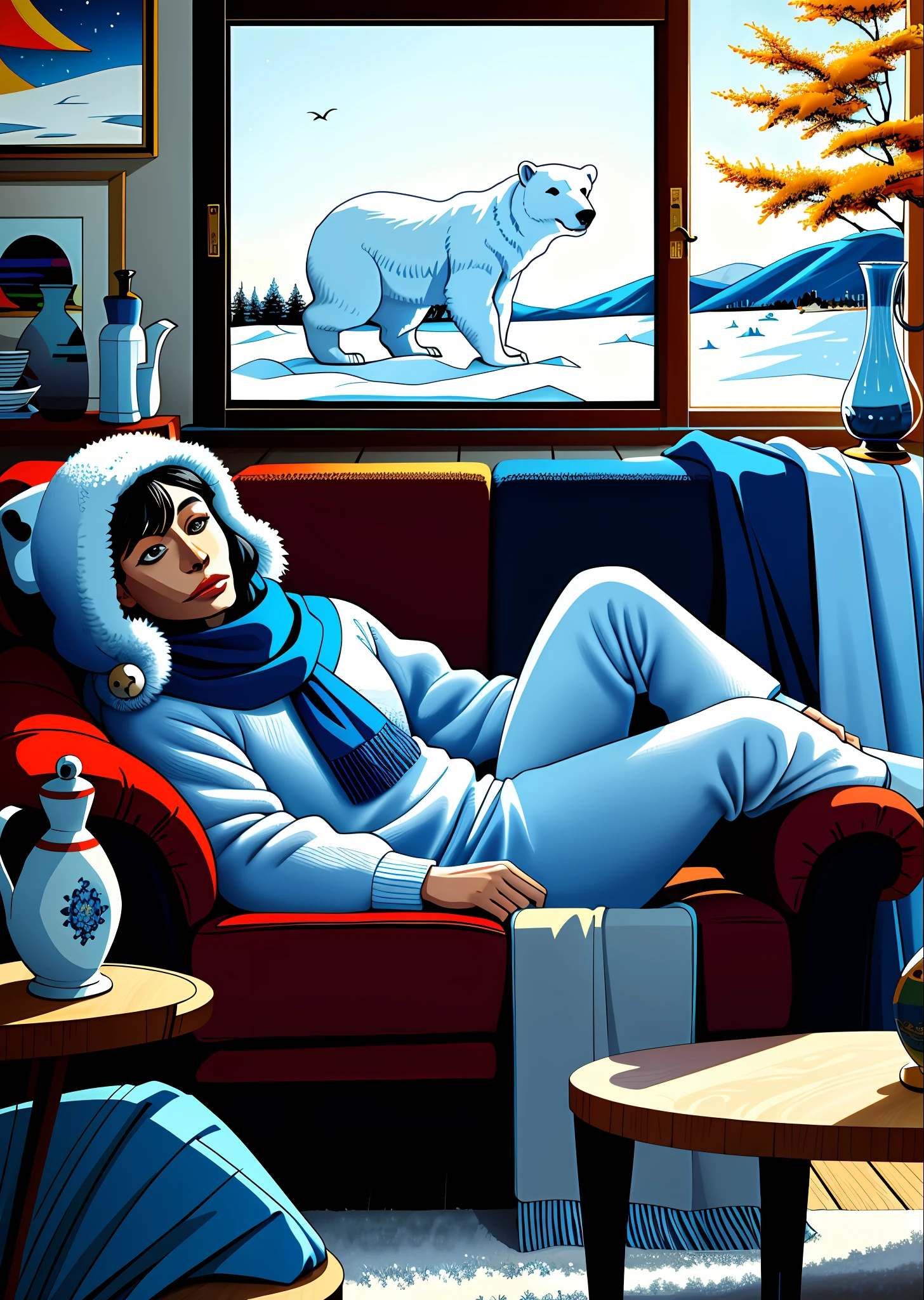 Like a painting by Kandinsky, like contemporary art, like an illustration for a children's book, painted with acrylic paints, a polar bear sits in its own domkue, sits in an armchair in a huge warm sweater, in a blue scarf, a lot of ethnic ornaments, a lot of interior details, an autumn cozy room, antique furniture, an old patiphone, a cozy winter atmosphere