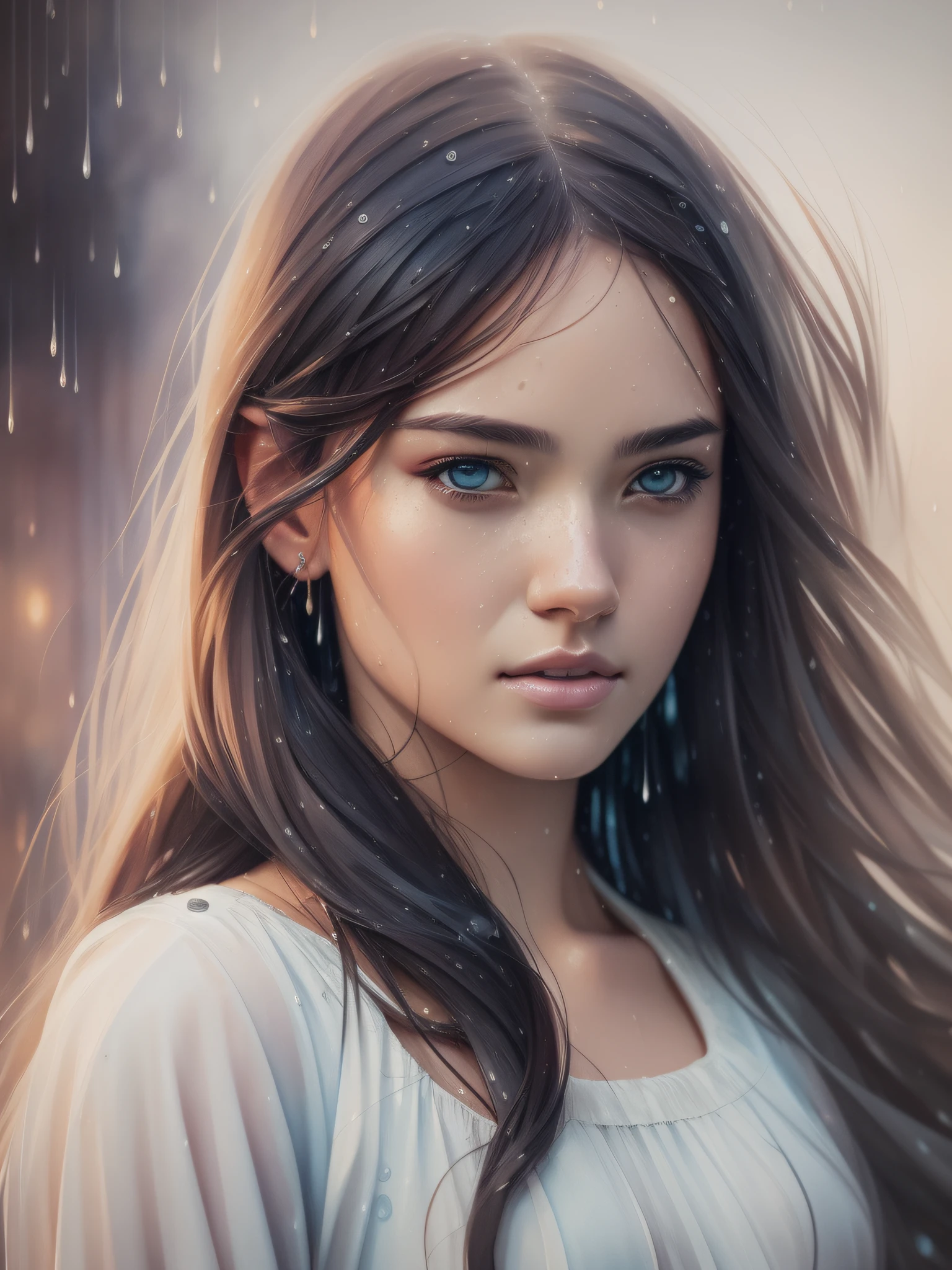 A water color of close up model's face, raindrops as foreground, a wet look, small smile, white dress, anime art, long hair, fickle face, perfect anatomy, wet to wet background technique by Misilbu. hyper 8K detailed painting, 8k resolution concept art portrait by Greg Rutkowski Artgerm WLOP Alphonse Beeple Caravaggio, muted colors, watercolor style, bokeh, lens f1.0
