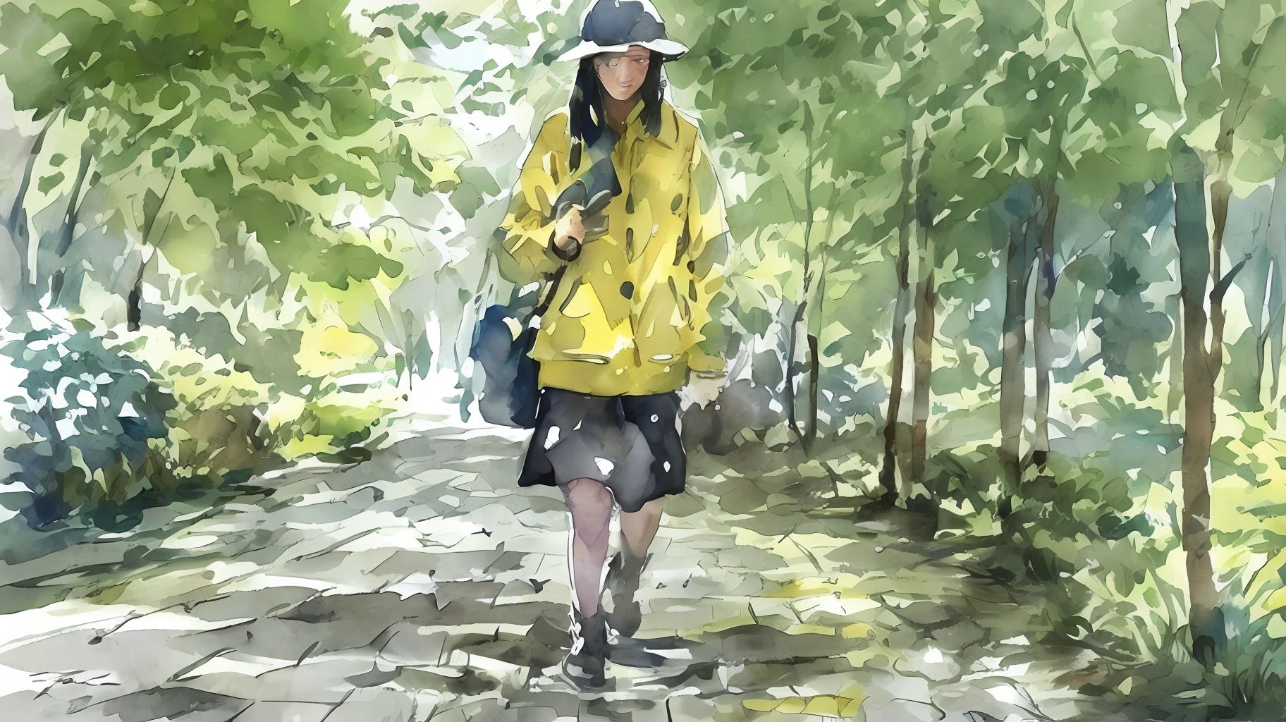 Wet trunks In the yellowness of the foliage, Slush, puddles, beautiful girl, Watercolor drawing --auto --s2