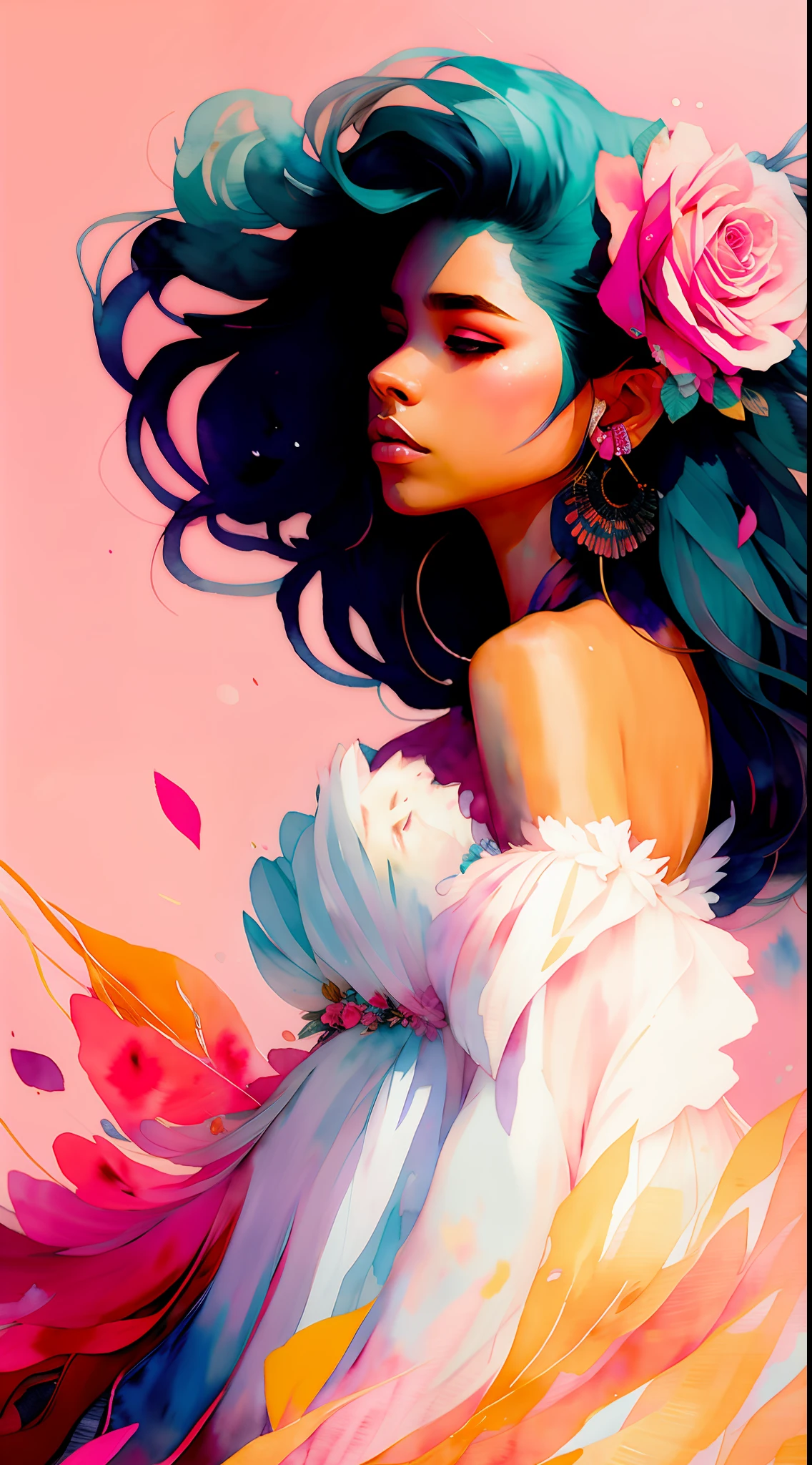 wtrcolor style, (pink) digital art, official art, windblowing, masterpiece, beautiful,highest quality, high image resolution,8k, most beautiful woman, bluish black, abundant hair,hair disheveled by the wind, rose petals in the air,((watercolor)), paint splash, intricate detail. Great detail, [drip: 0.7], Trends in Artstation, Rachel Walker